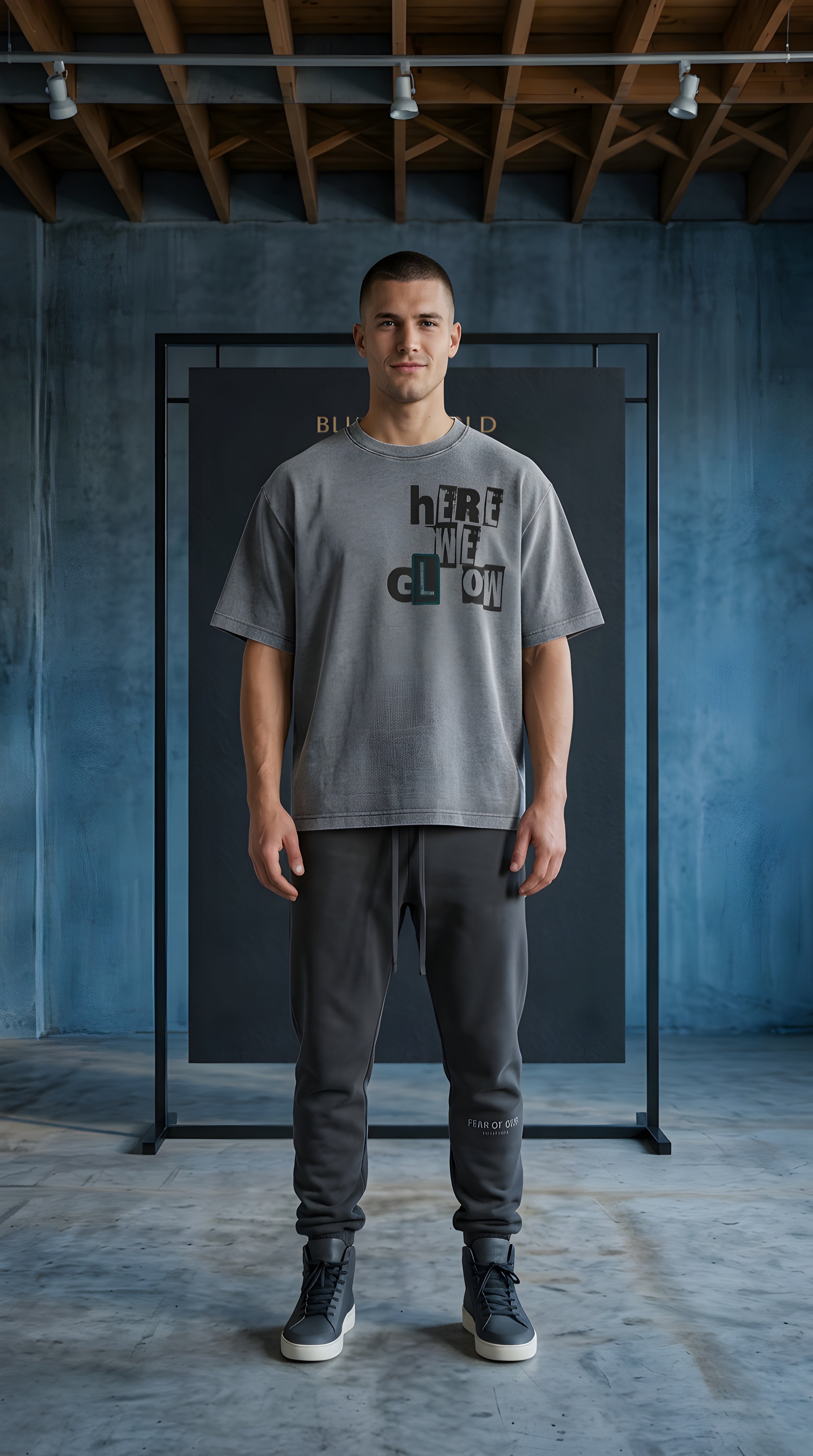 Mens 'HERE WE GLOW' Mineral Wash Waffle Boxy Tee