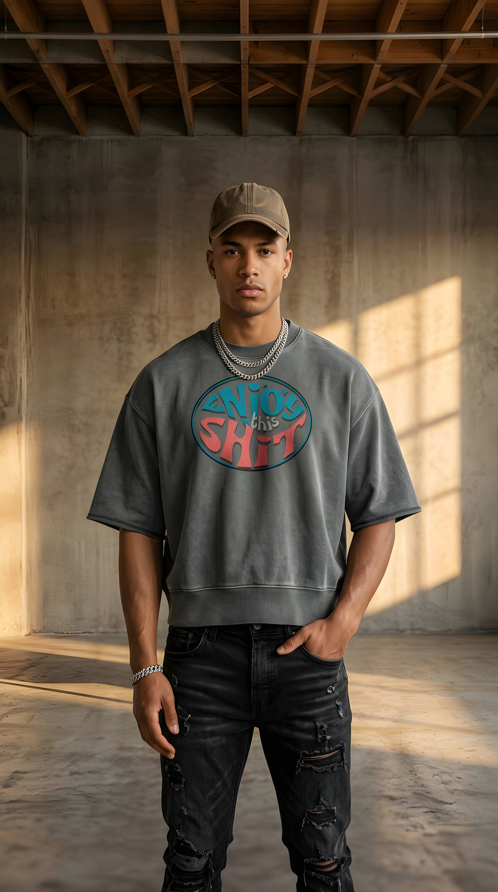 Mens 'ENJOY THIS SHIT' Mineral Wash Boxy Raw Edge Shirt