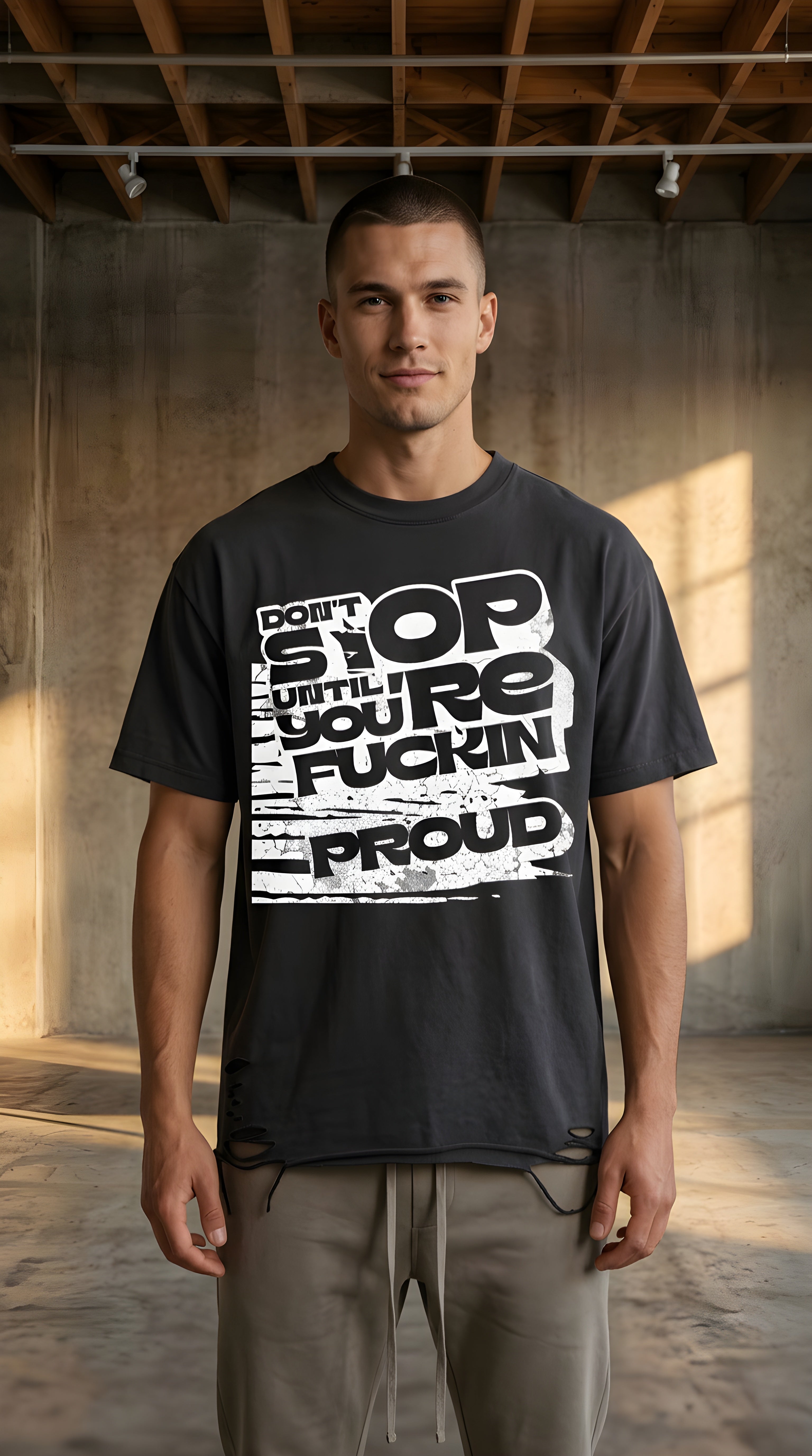 Mens 'STOP' Snow Washed Raw-Hem Tee