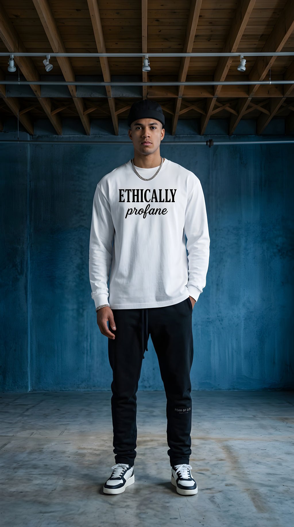 Mens 'ETHICALLY PROFANE" Crew Neck Drop Shoulder Long Sleeve Shirt