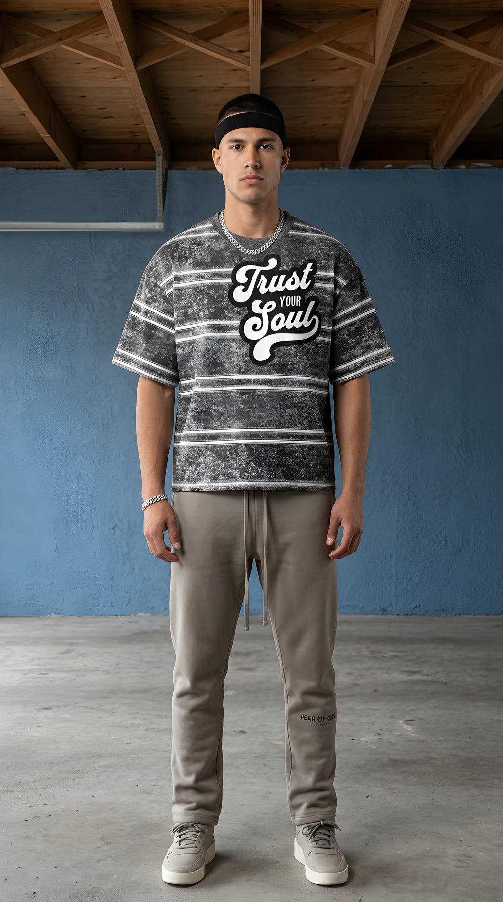 Mens 'TRUST YOUR SOUL" Snow Washed Striped Boxy Tee