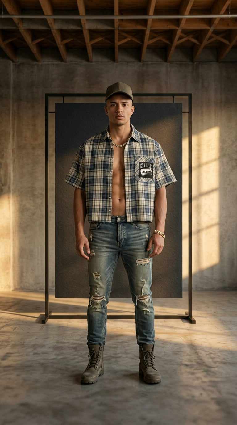 Mens 'EXPLICIT' Plaid Boxy Short Sleeve Shirt