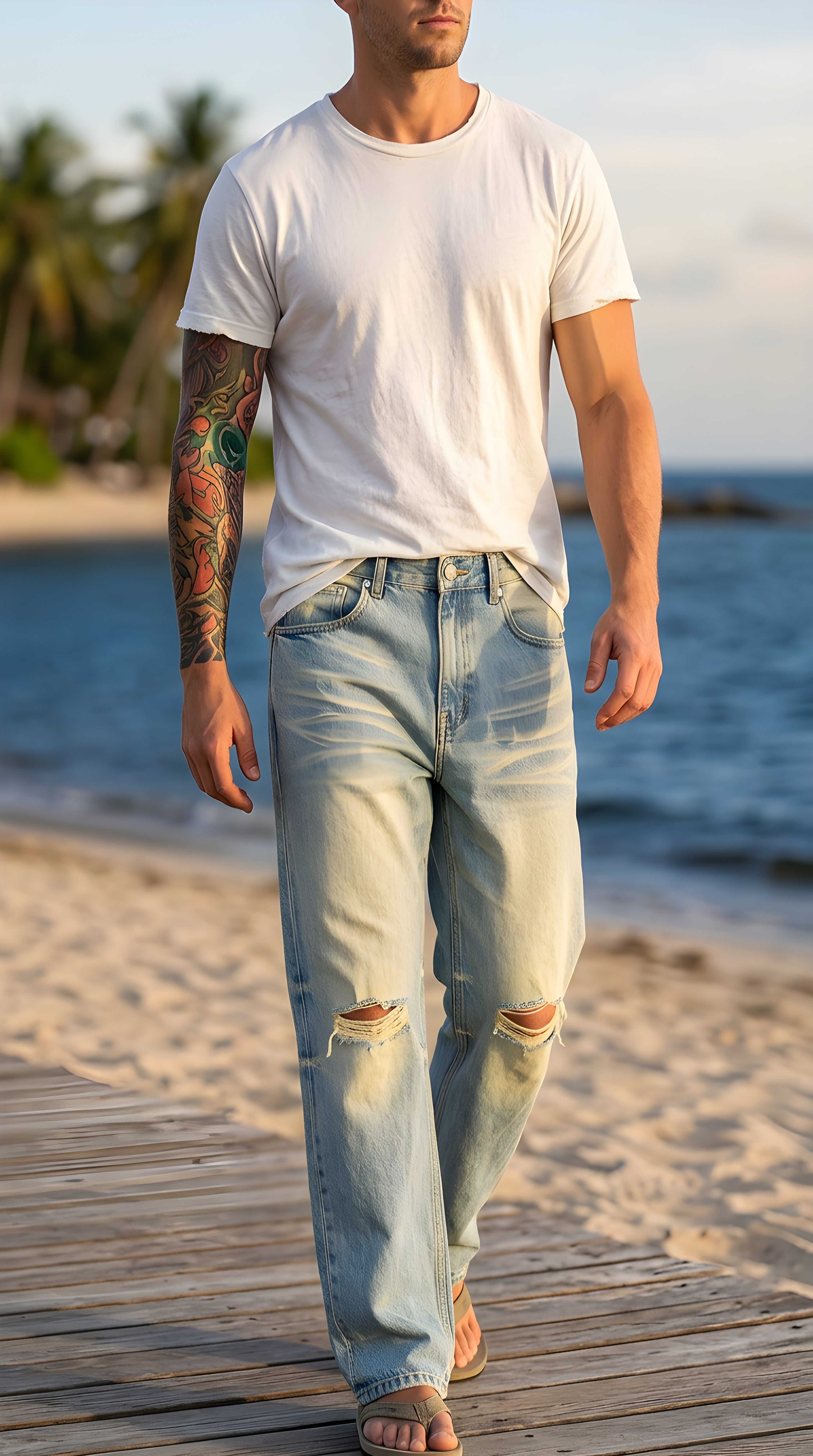 Sun Fade Raw Hem Denim Jeans