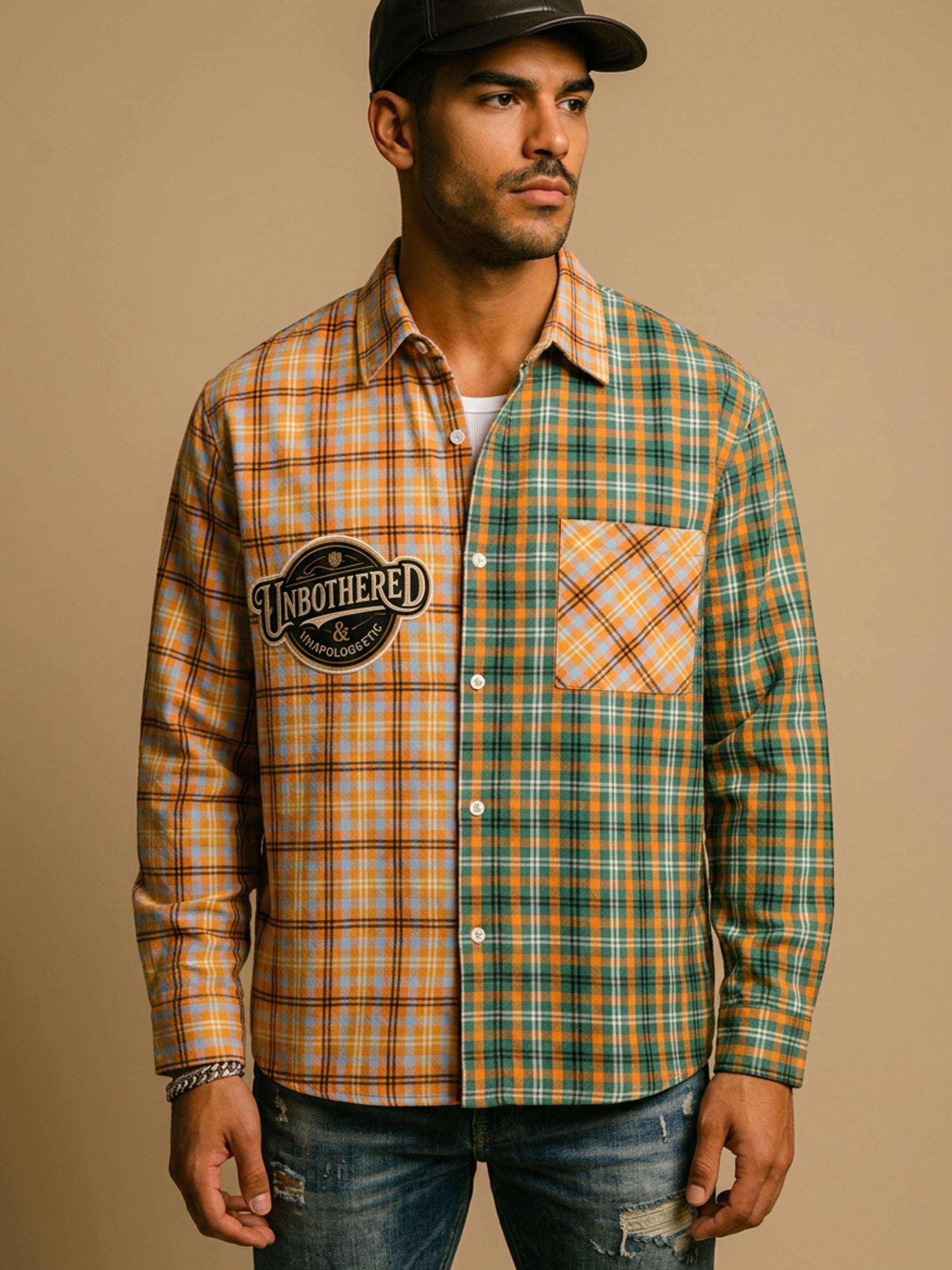 MENS ' UNBOTHERED '  Oversized Plaid Color Block Shirt
