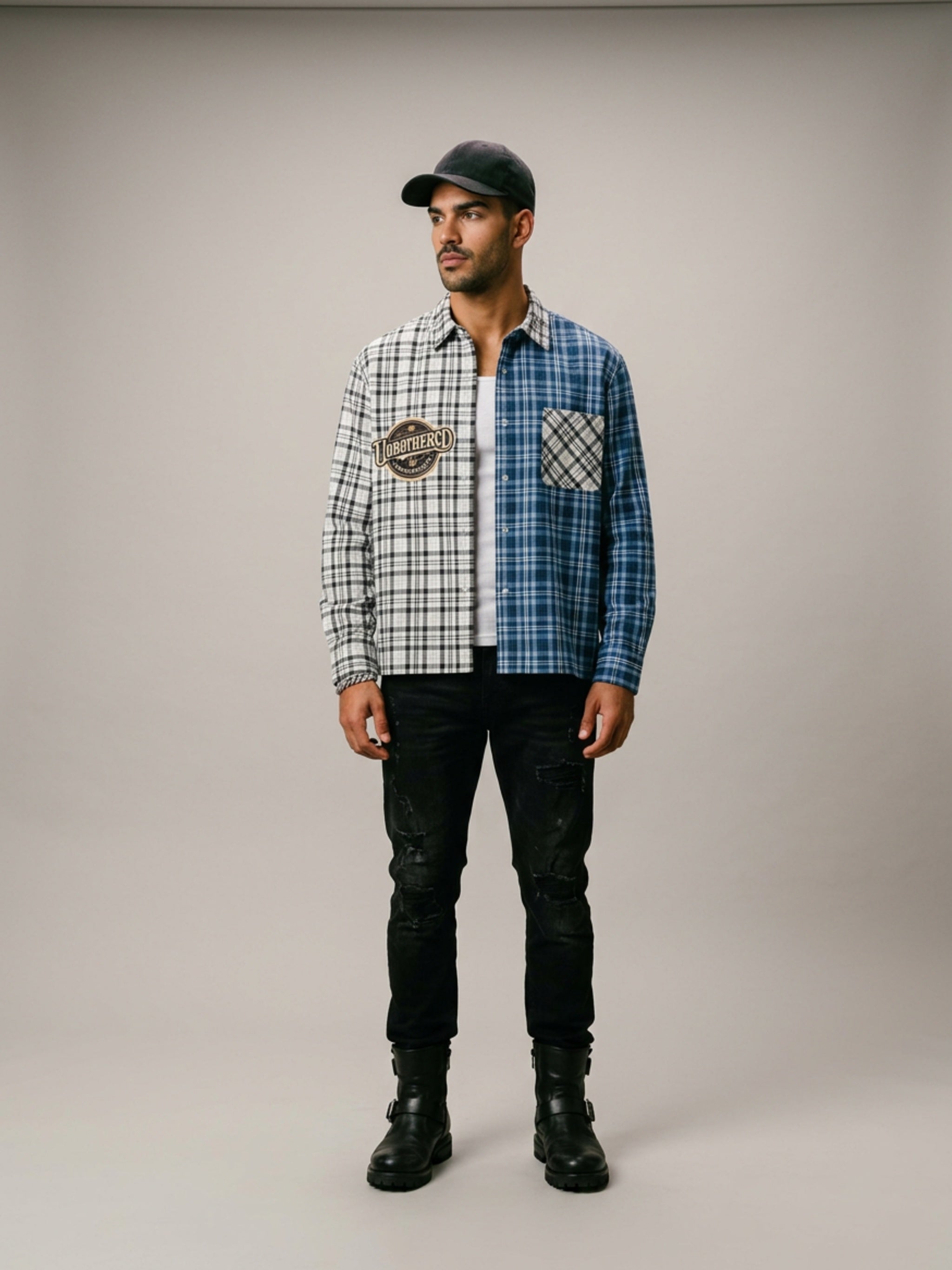 MENS ' UNBOTHERED '  Oversized Plaid Color Block Shirt