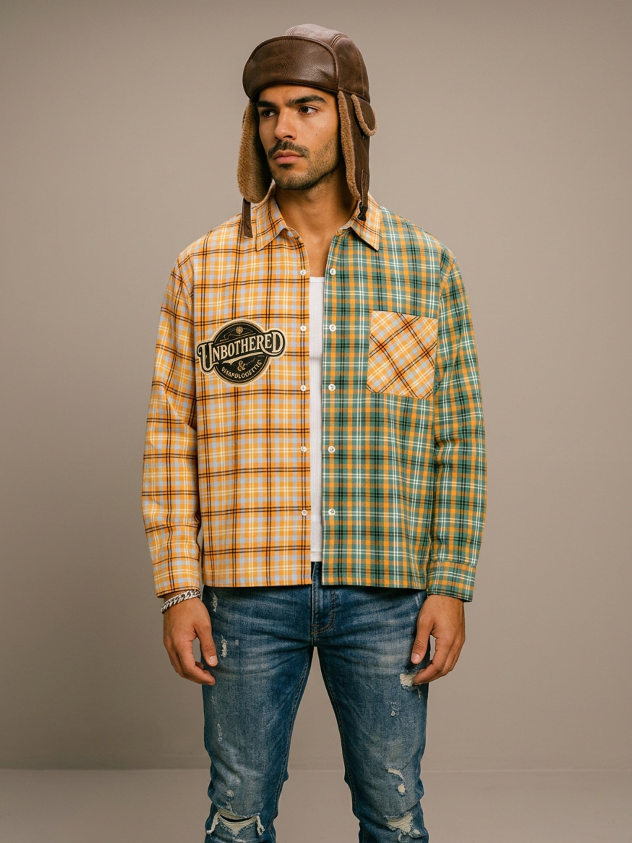MENS ' UNBOTHERED '  Oversized Plaid Color Block Shirt