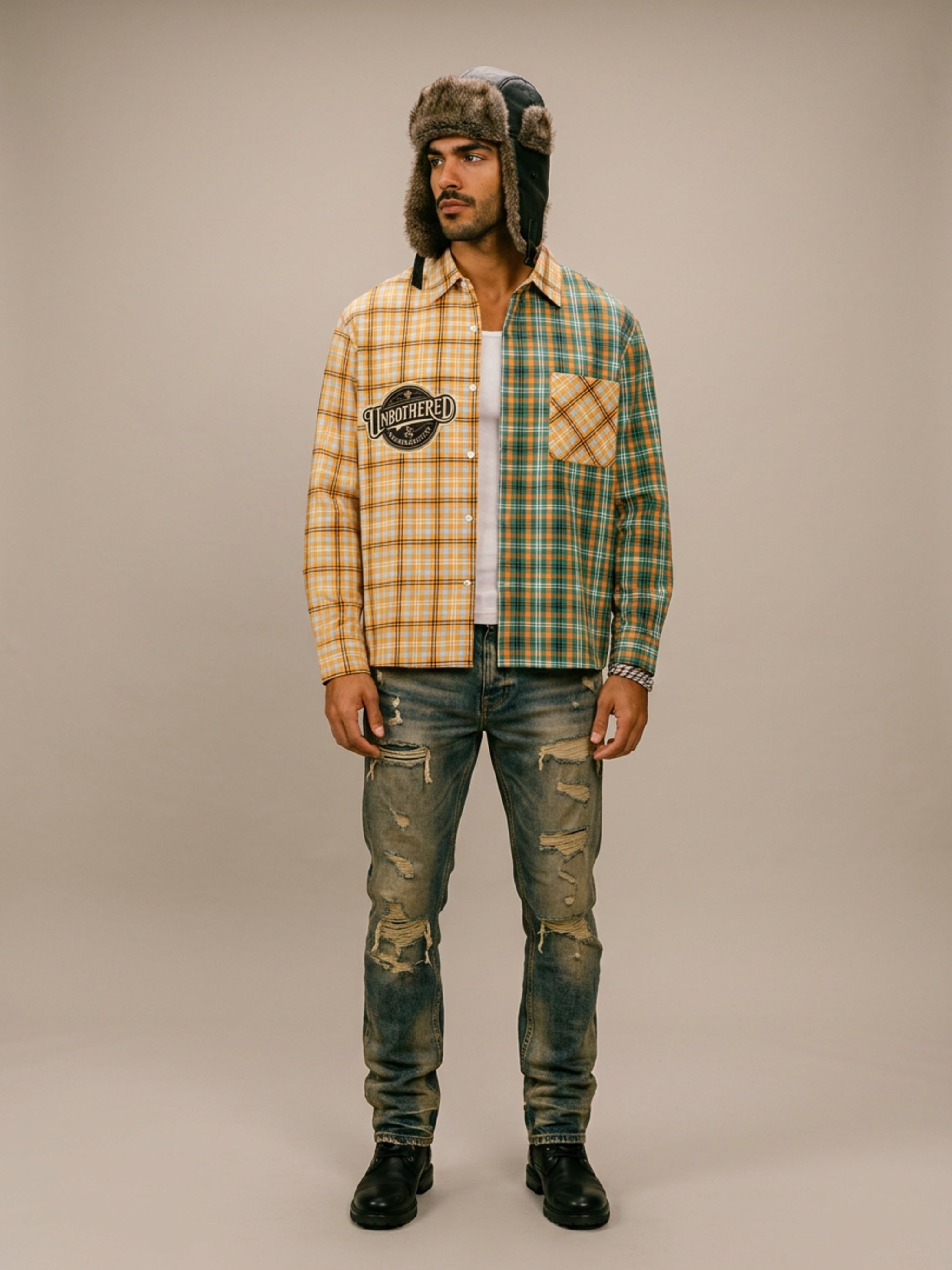 MENS ' UNBOTHERED '  Oversized Plaid Color Block Shirt