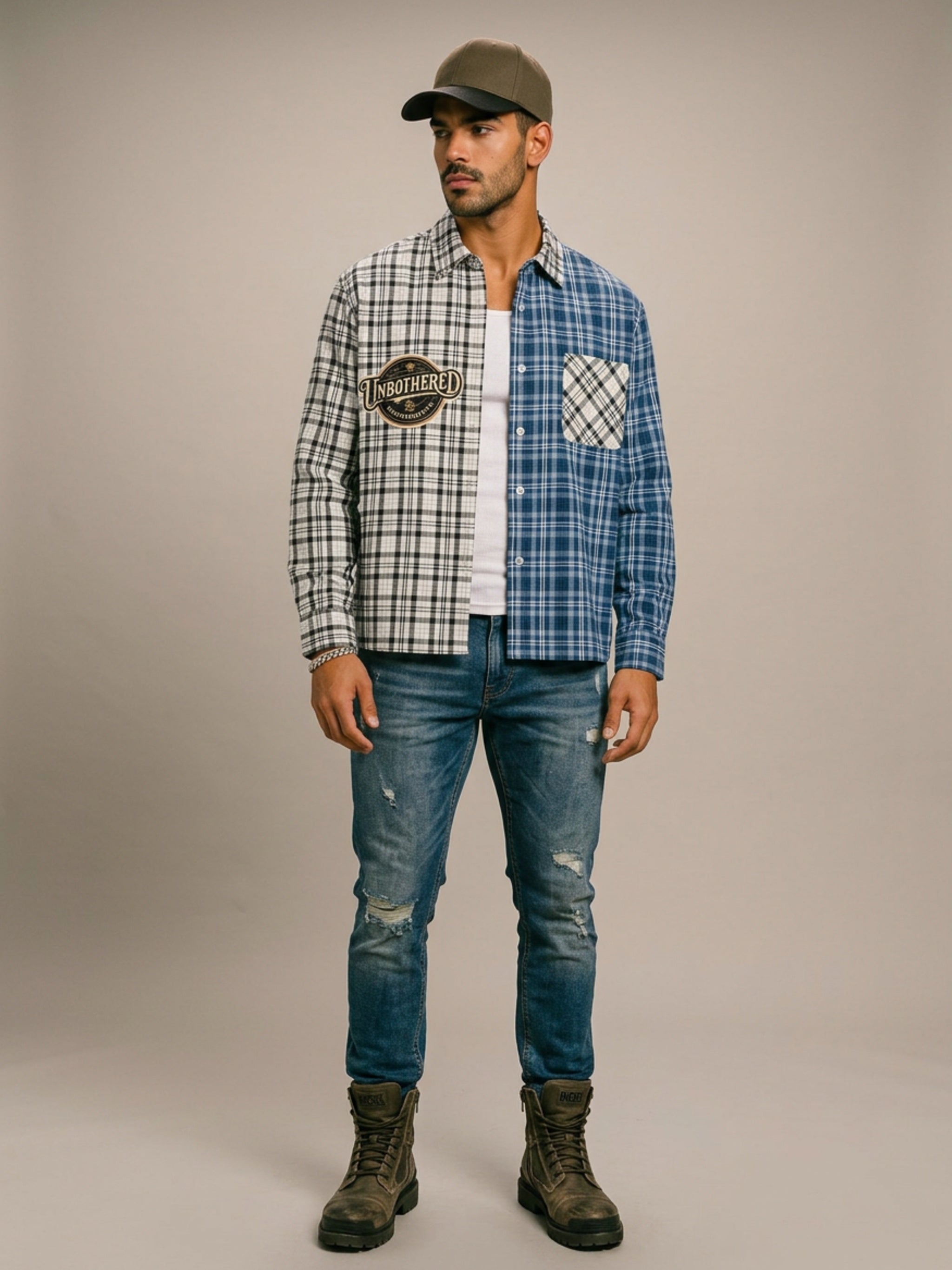 MENS ' UNBOTHERED '  Oversized Plaid Color Block Shirt