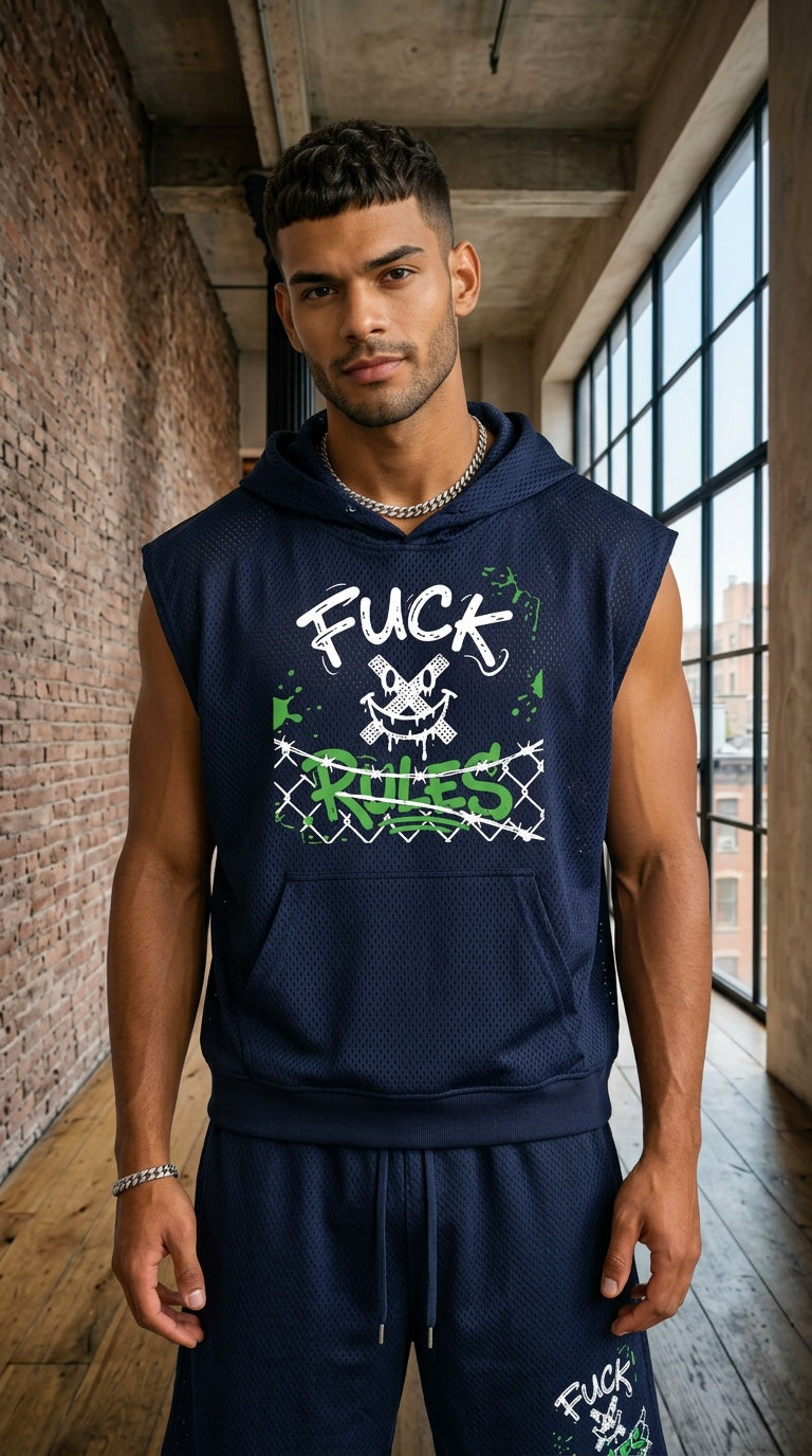 MENS ' FUCK RULES  Panel Mesh Sleeveless Hoodie