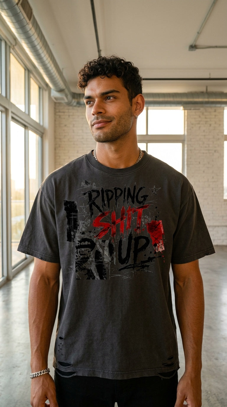 NENs 'RIPPING SHIT' Snow Washed Raw-Hem TEE