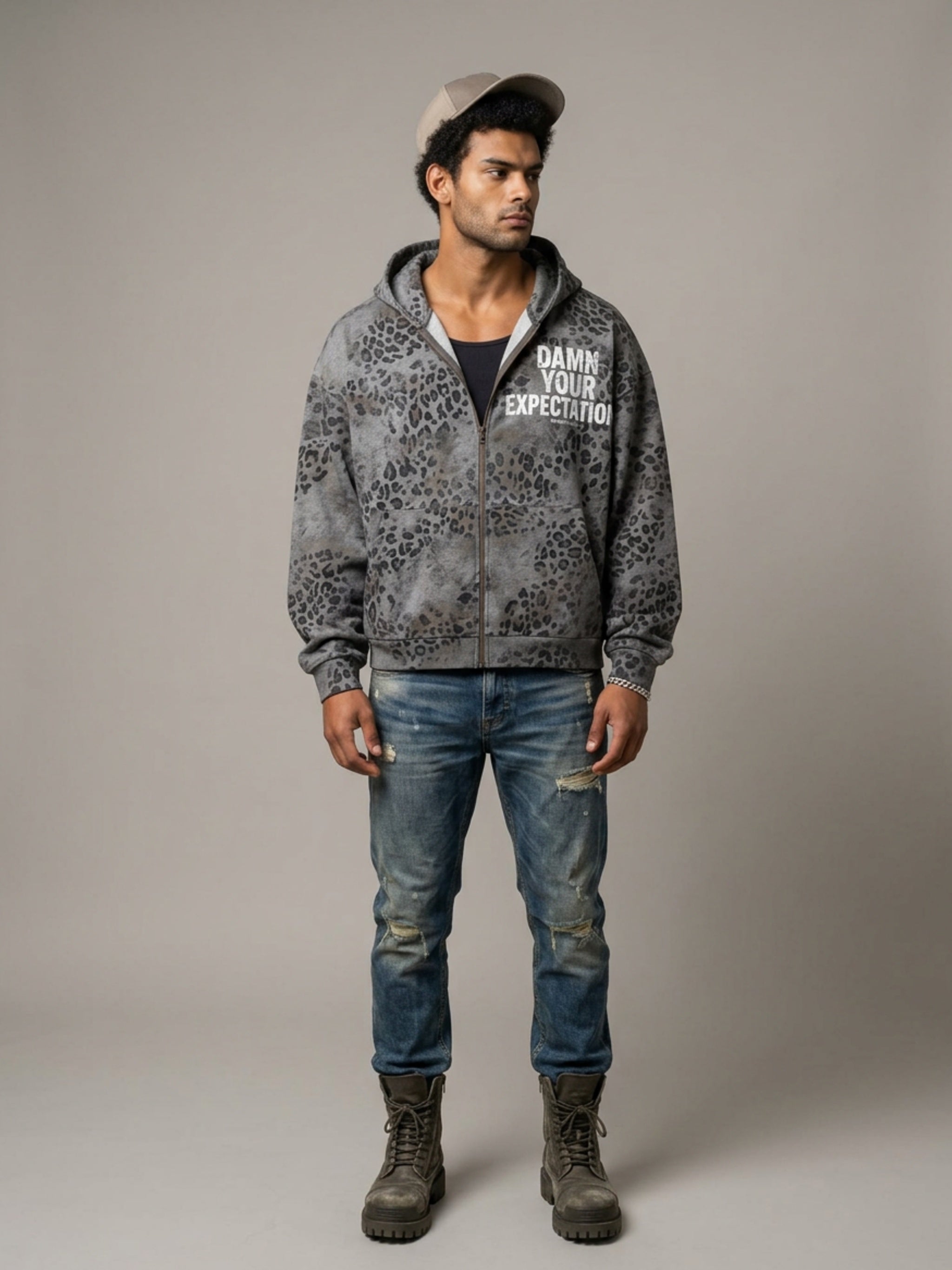 Unisex Vintage Wash Leopard Full Zip Hoodie
