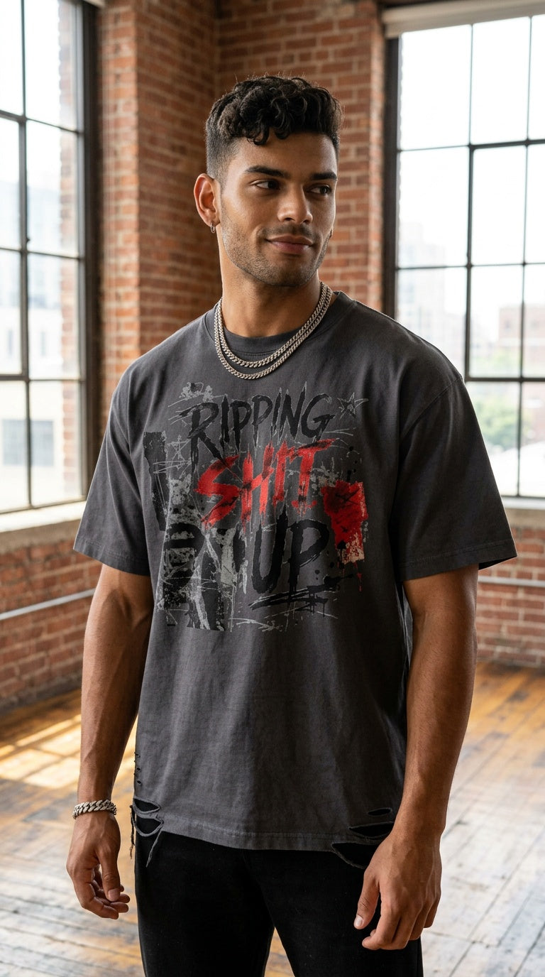 NENs 'RIPPING SHIT' Snow Washed Raw-Hem TEE