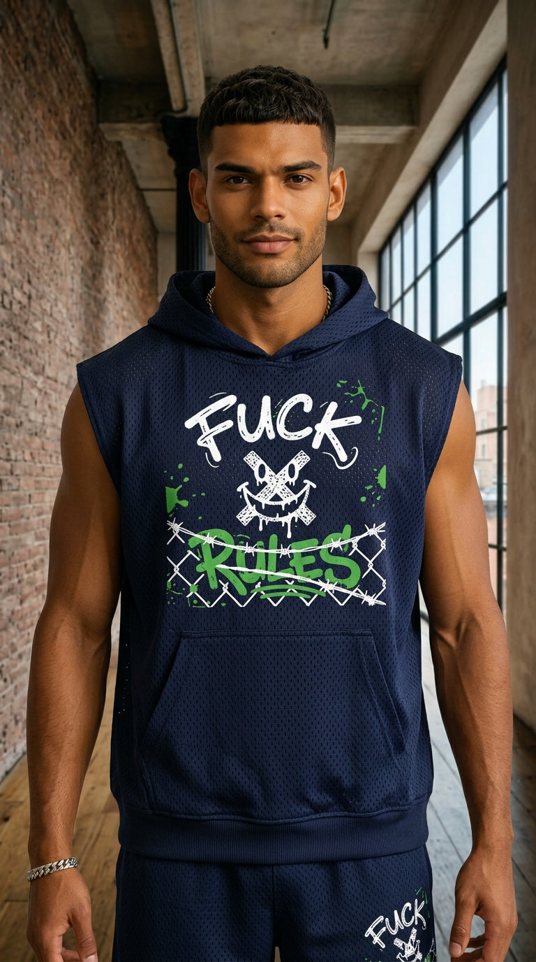 MENS ' FUCK RULES  Panel Mesh Sleeveless Hoodie