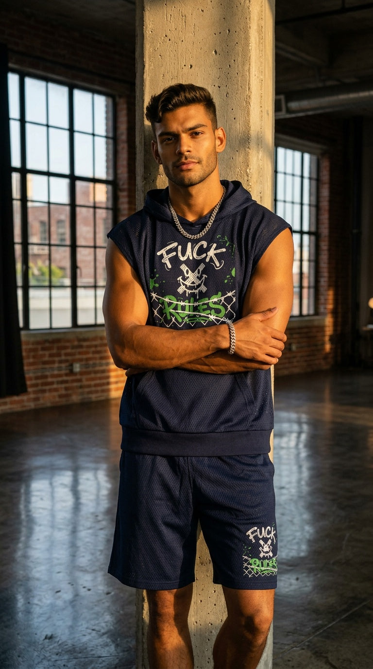 MENS ' FUCK RULES  Panel Mesh Sleeveless Hoodie