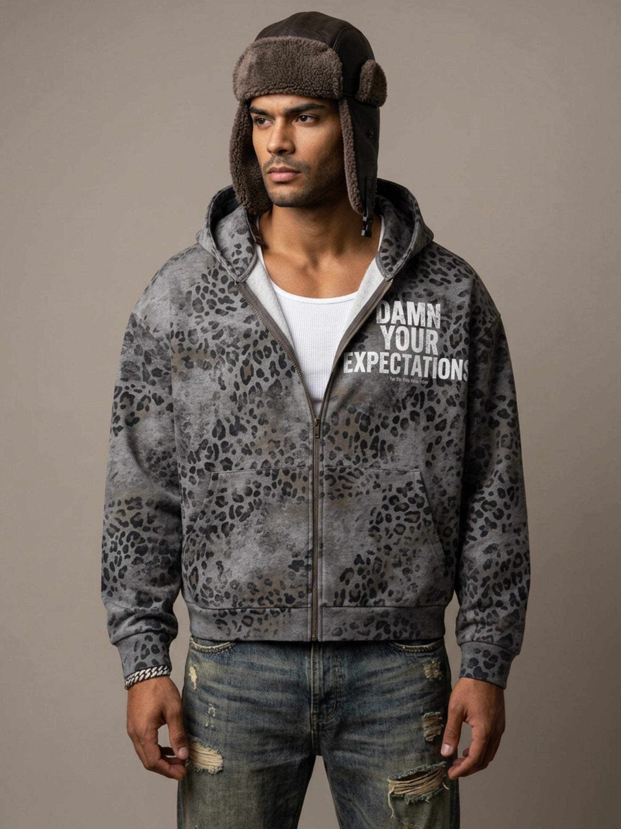 Unisex Vintage Wash Leopard Full Zip Hoodie