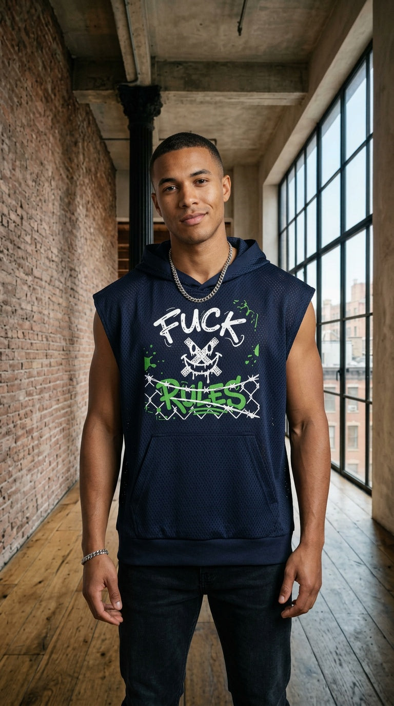 MENS ' FUCK RULES  Panel Mesh Sleeveless Hoodie