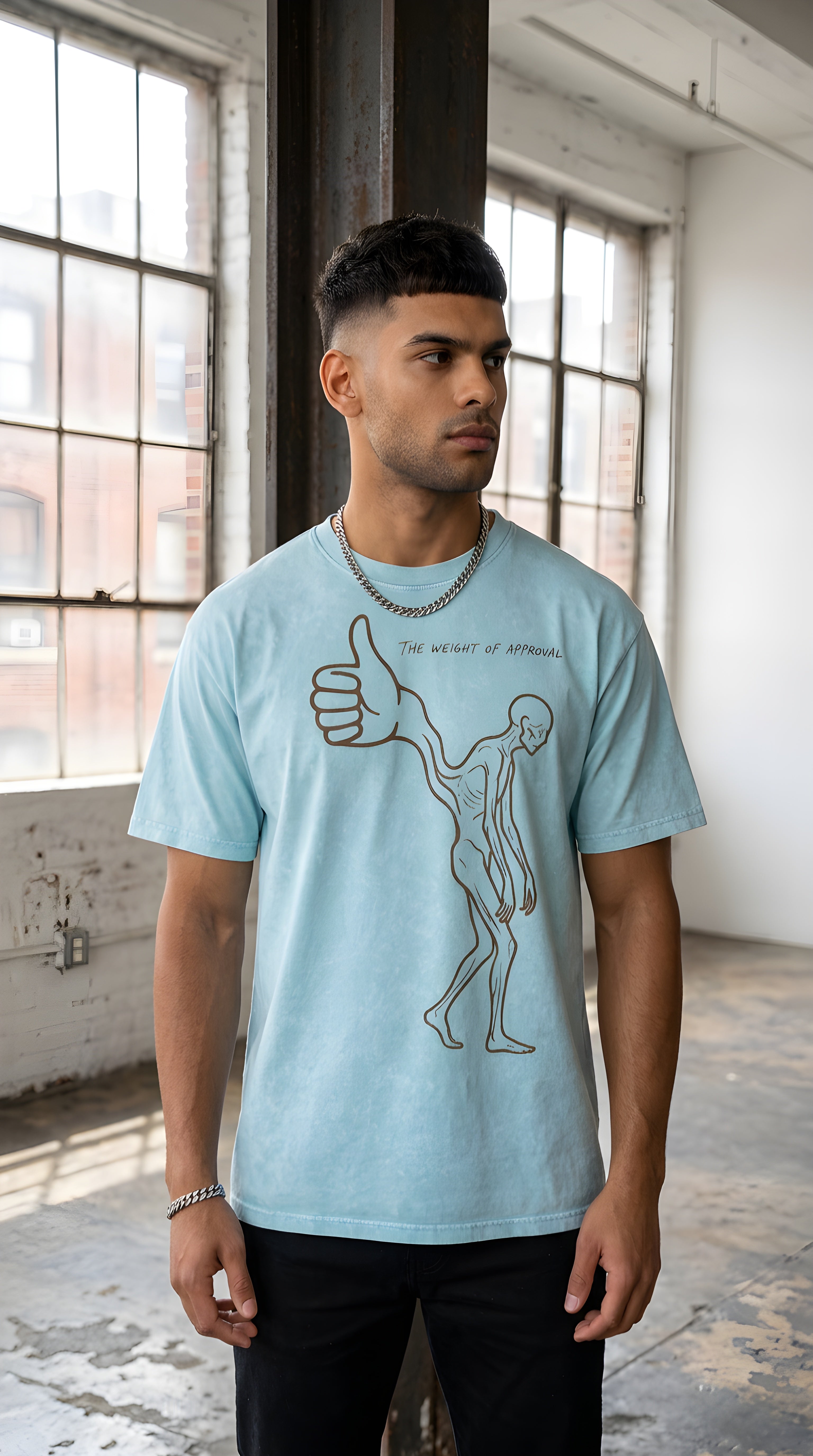 Mens 'WEIGHT OF APPROVAL' Snow Washed Oversized Cotton T-Shirt