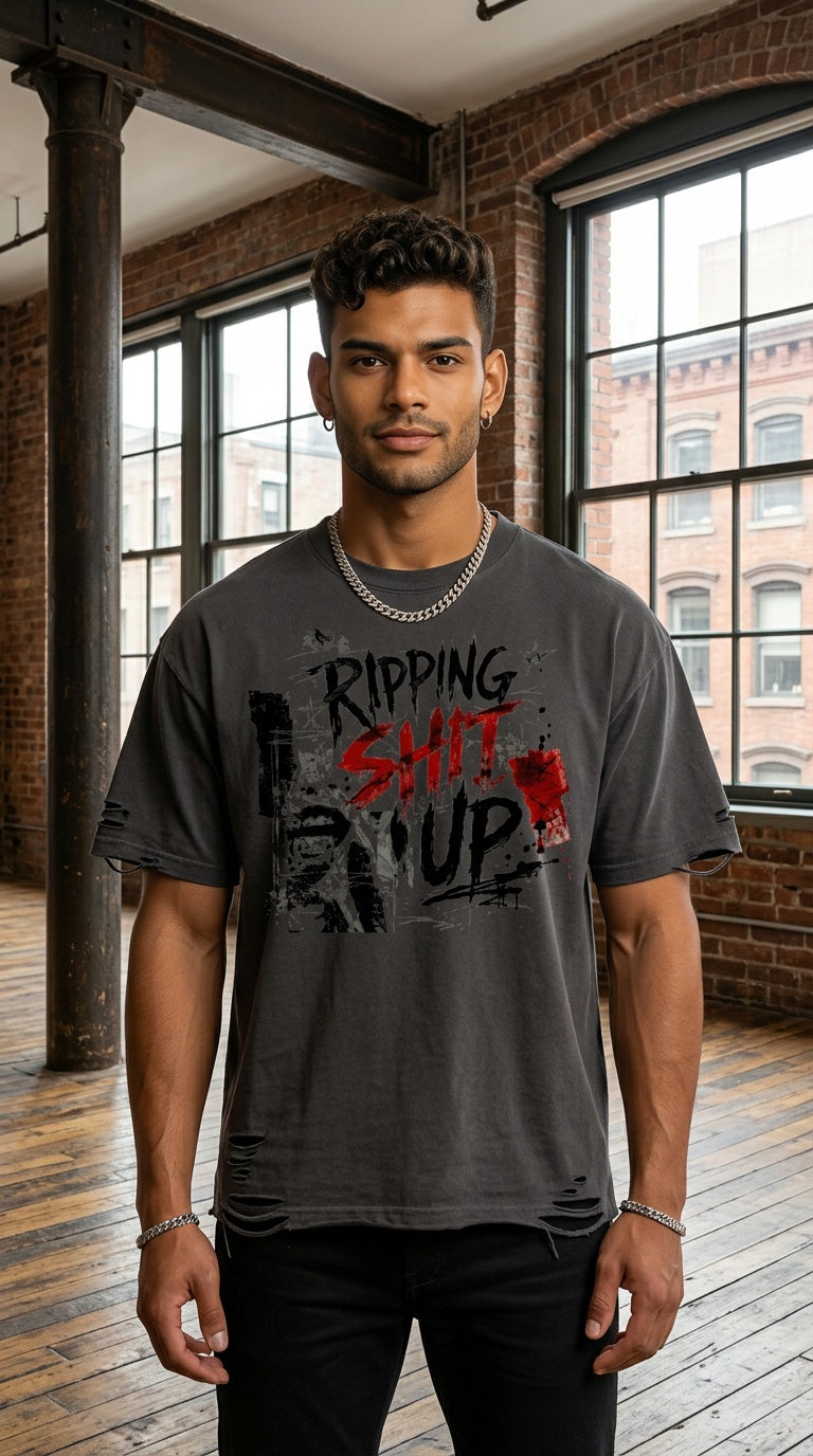 NENs 'RIPPING SHIT' Snow Washed Raw-Hem TEE