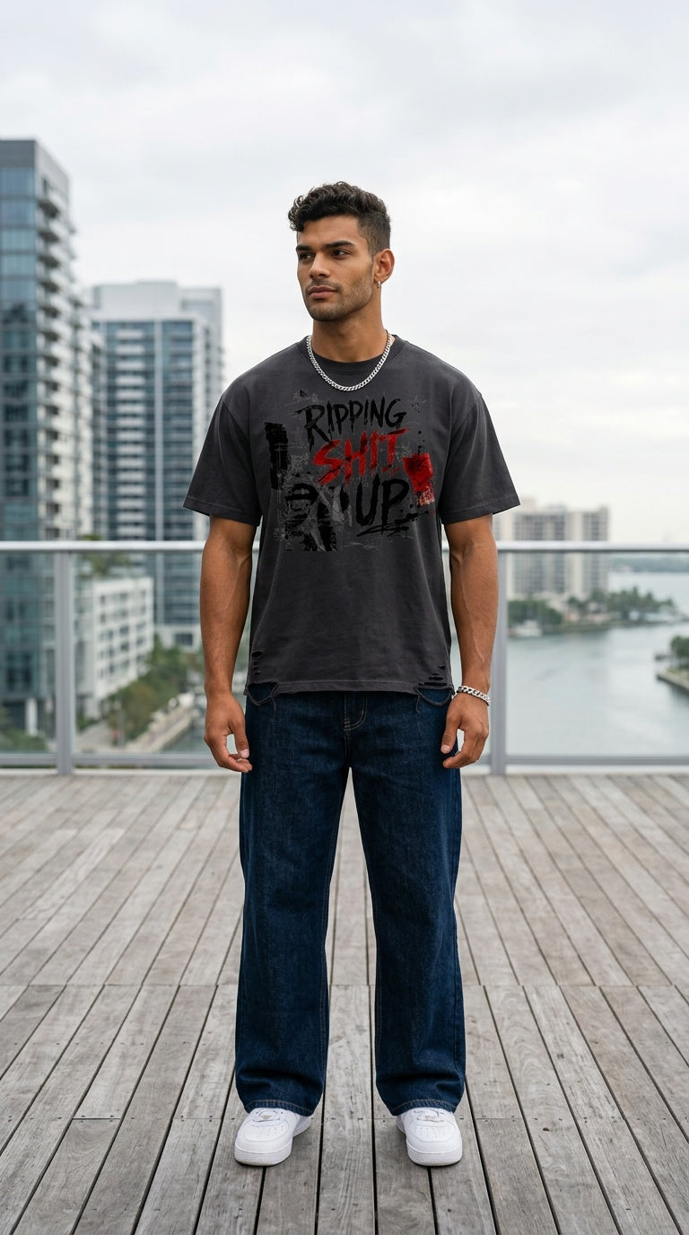 NENs 'RIPPING SHIT' Snow Washed Raw-Hem TEE