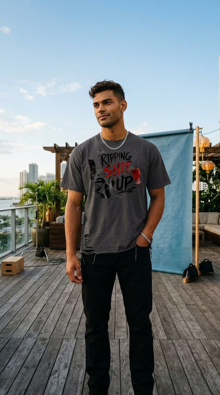 NENs 'RIPPING SHIT' Snow Washed Raw-Hem TEE