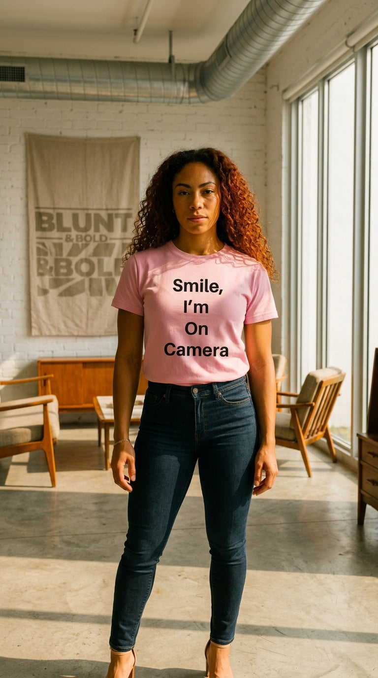 Womens 'SMILE I'M ON CAMERA' organic ribbed neck Tee