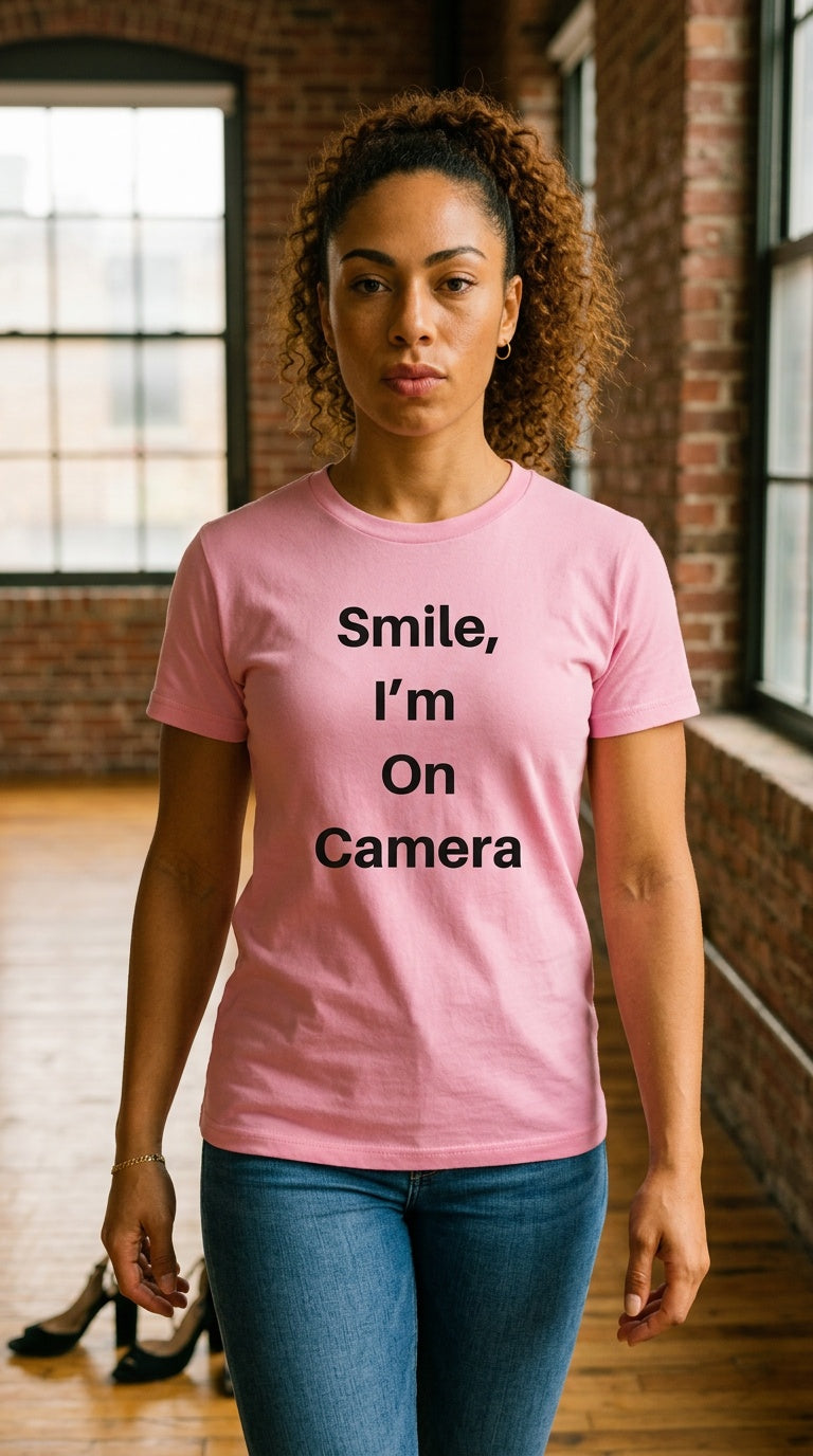 Womens 'SMILE I'M ON CAMERA' organic ribbed neck Tee