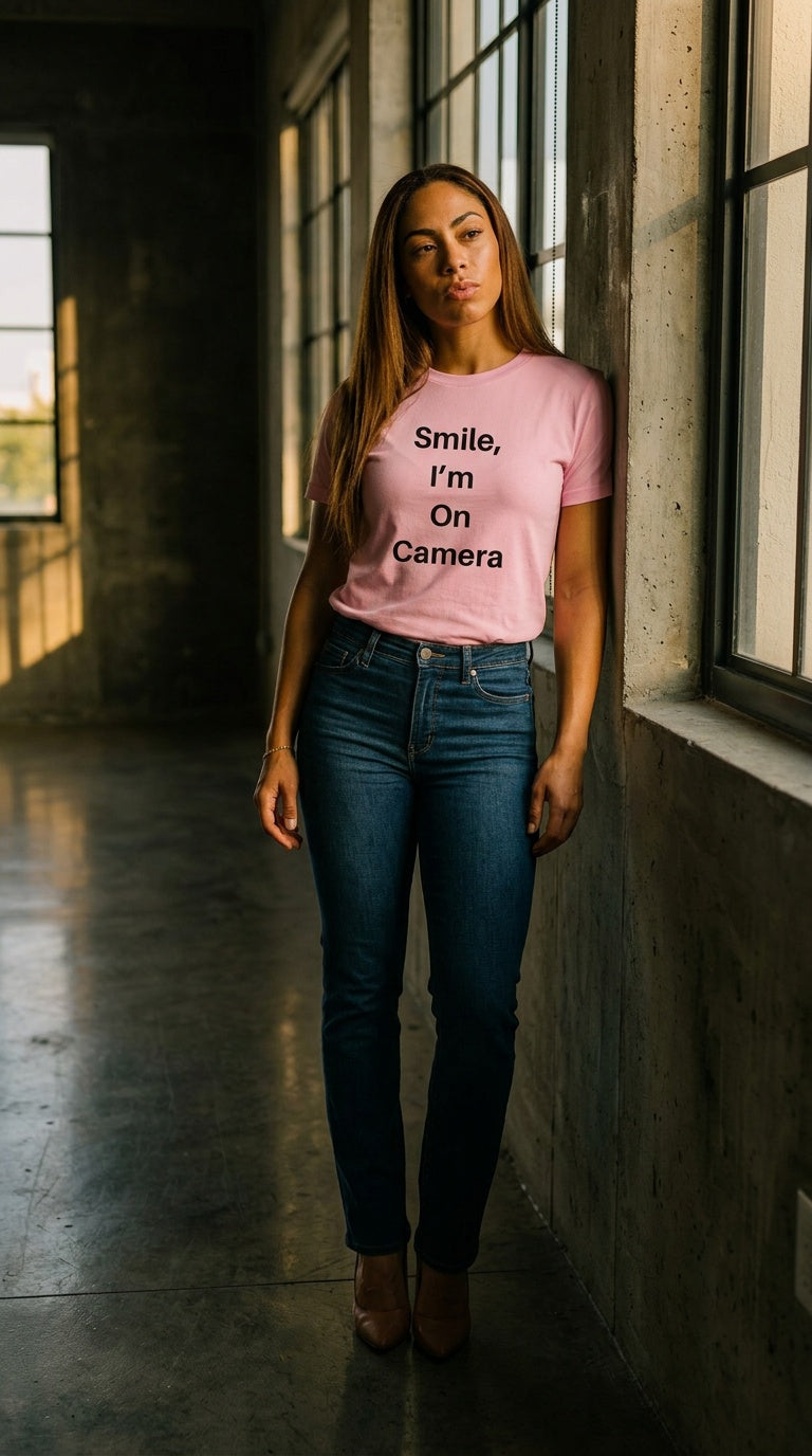 Womens 'SMILE I'M ON CAMERA' organic ribbed neck Tee