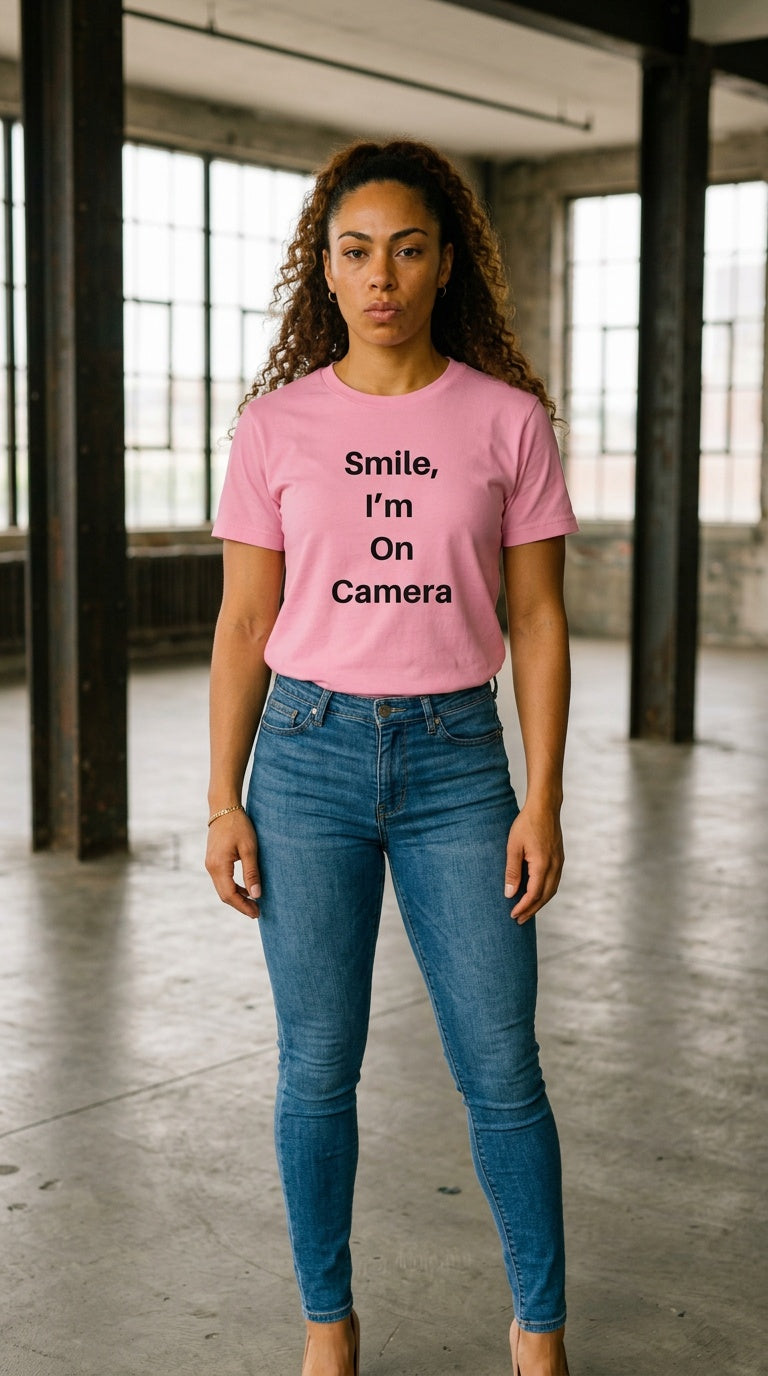 Womens 'SMILE I'M ON CAMERA' organic ribbed neck Tee