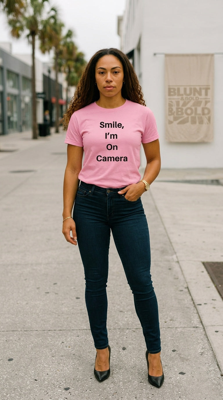 Womens 'SMILE I'M ON CAMERA' organic ribbed neck Tee