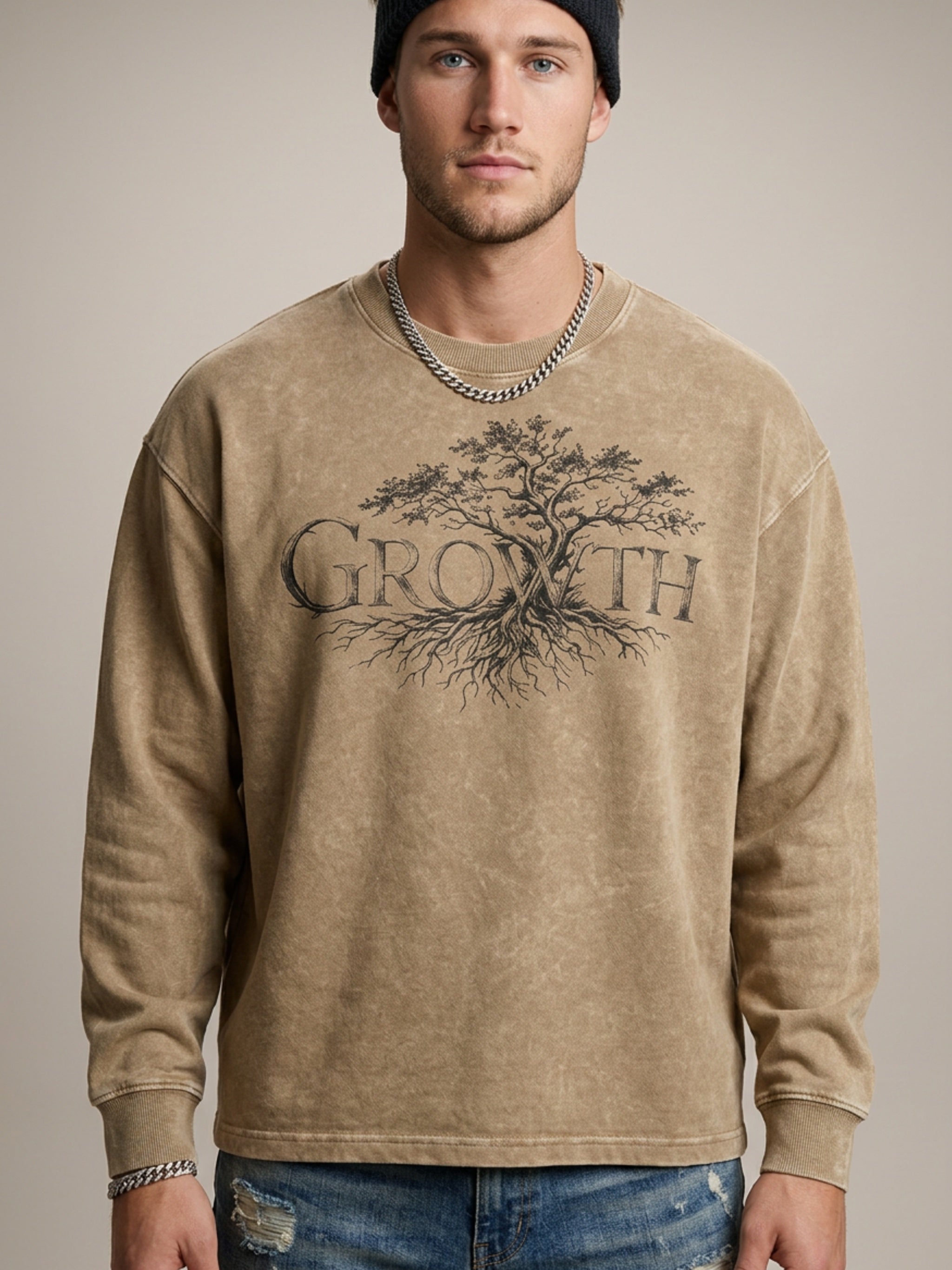 MENS 'GROWTH' Acid Wash Oversize Long Sleeve TEE