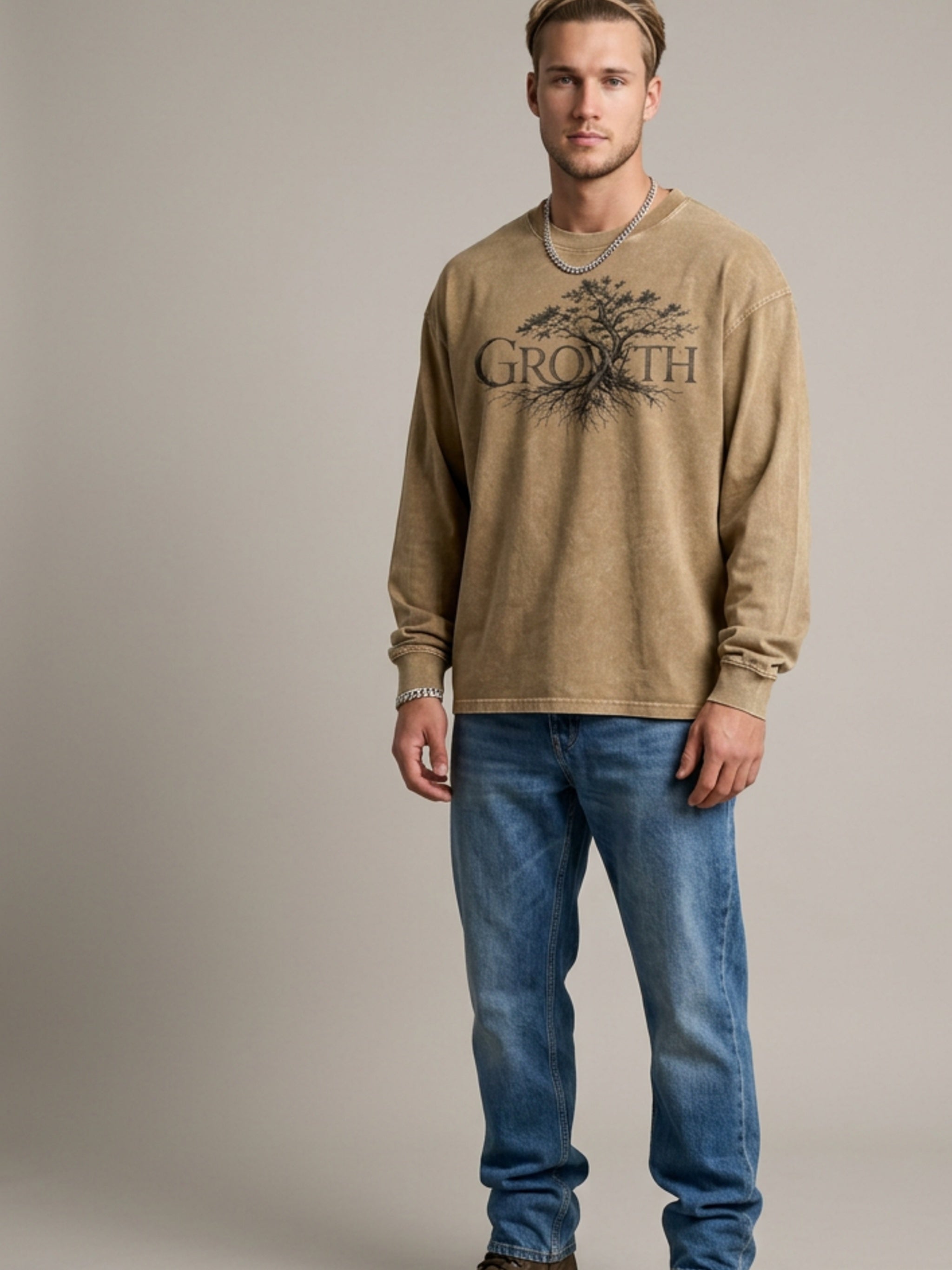 MENS 'GROWTH' Acid Wash Oversize Long Sleeve TEE