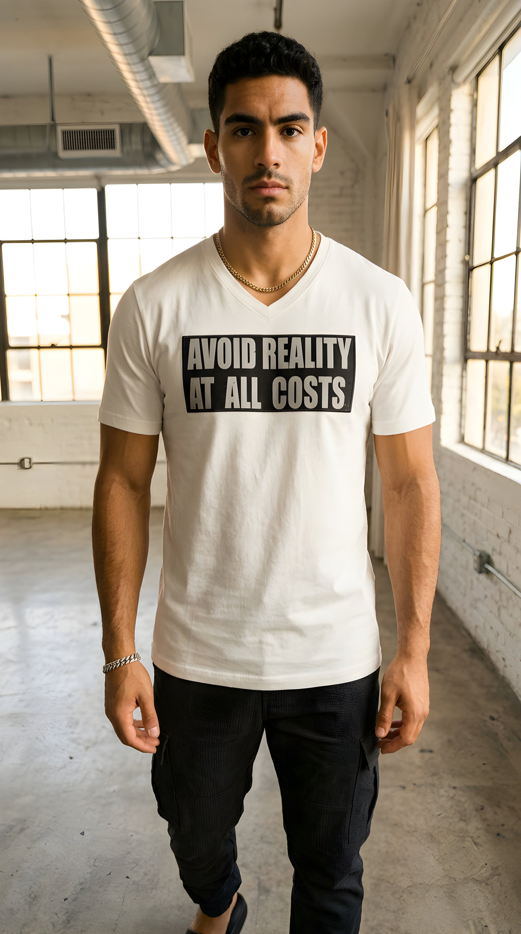 Men's ' AVOID REALITY ' Solid V-Neck Tee