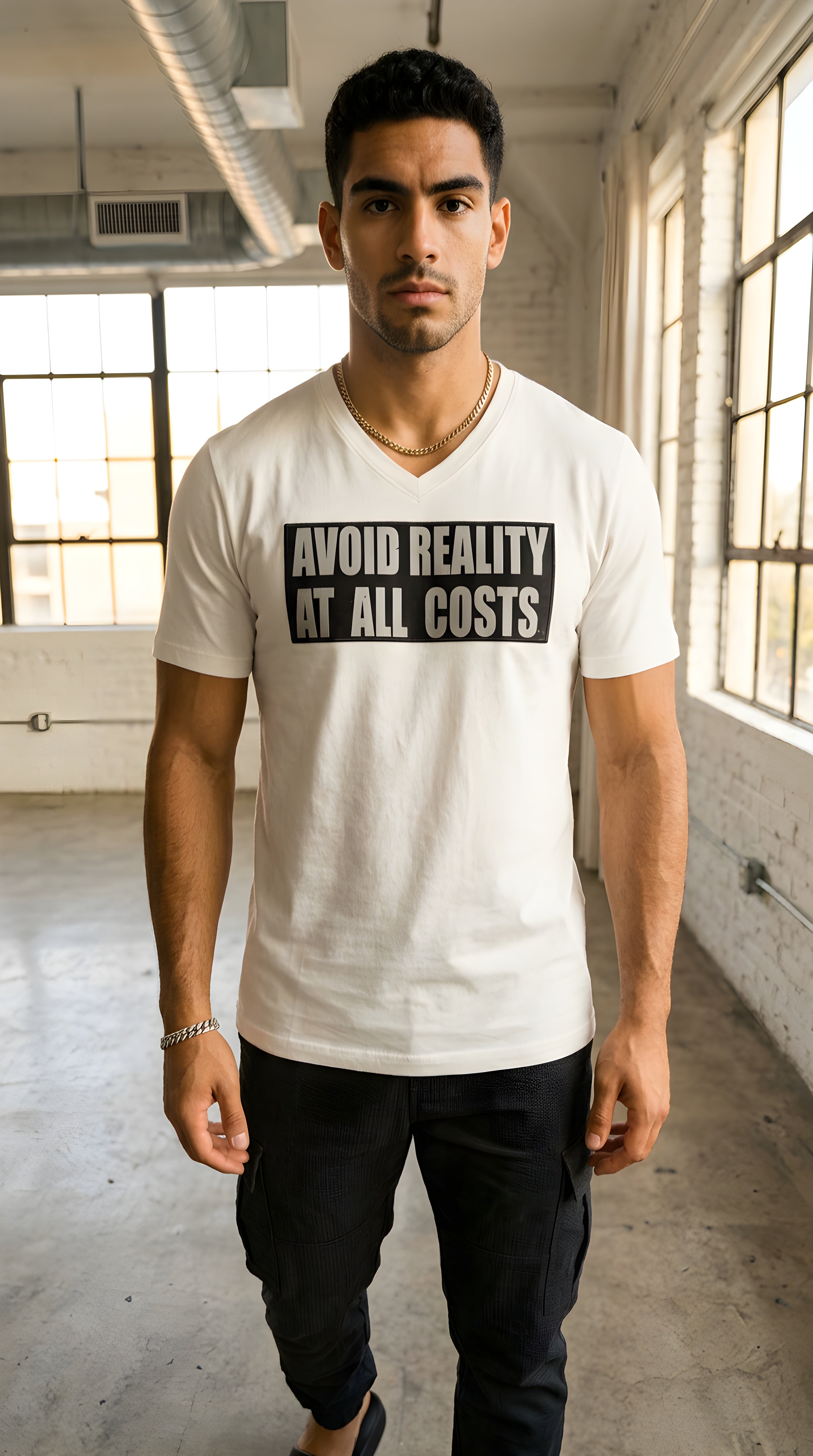 Men's ' AVOID REALITY ' Solid V-Neck Tee