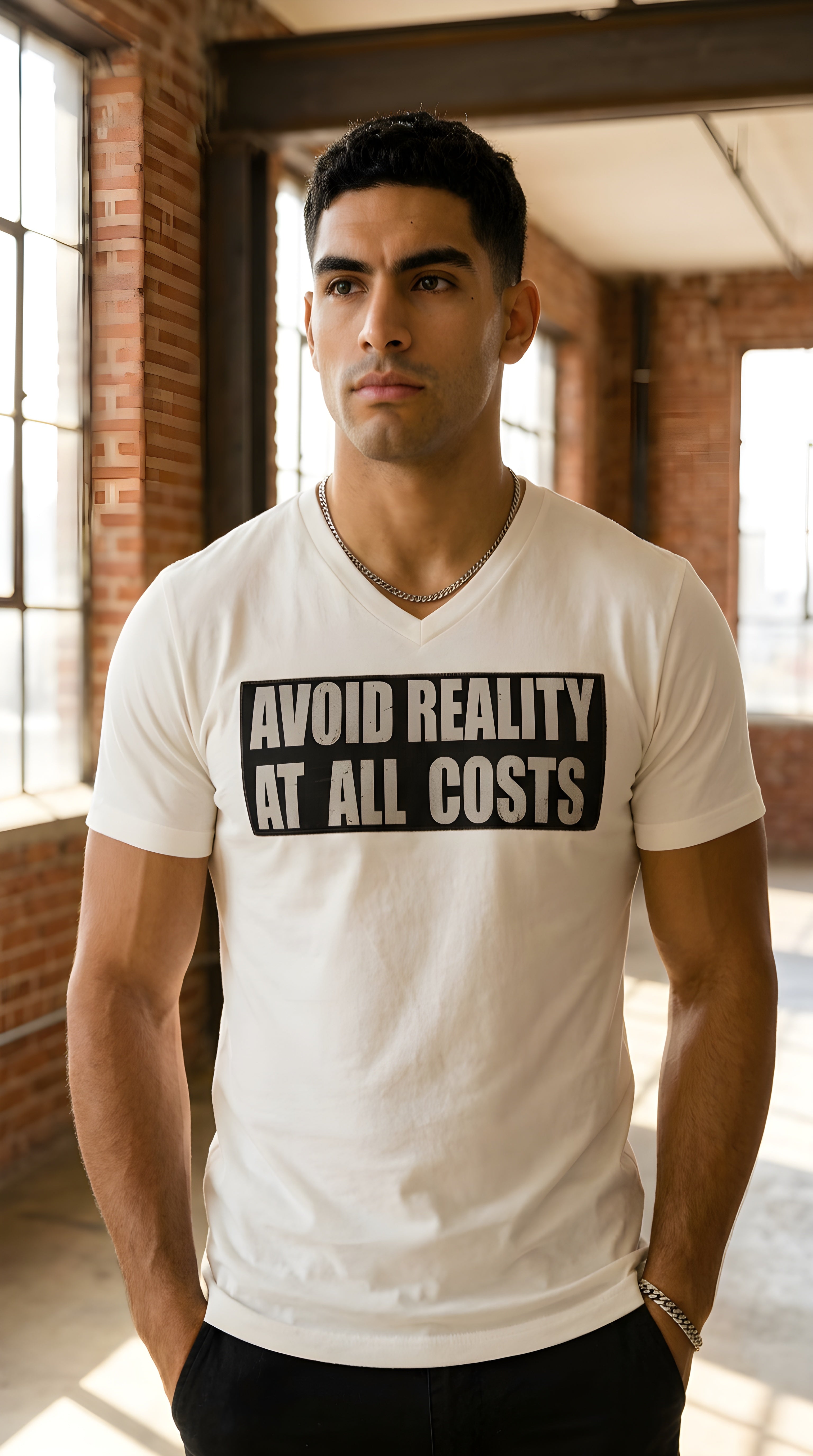 Men's ' AVOID REALITY ' Solid V-Neck Tee