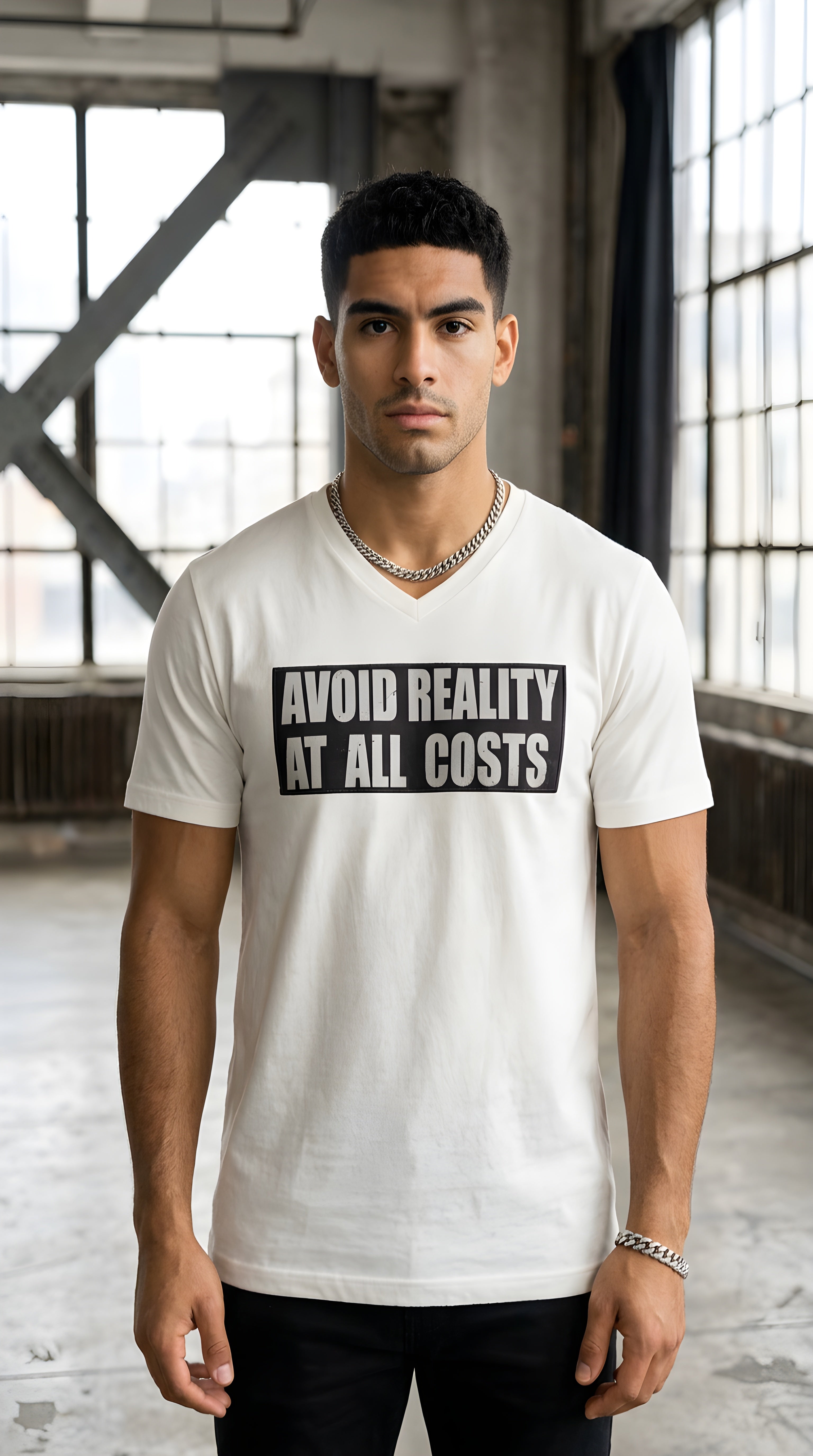 Men's ' AVOID REALITY ' Solid V-Neck Tee
