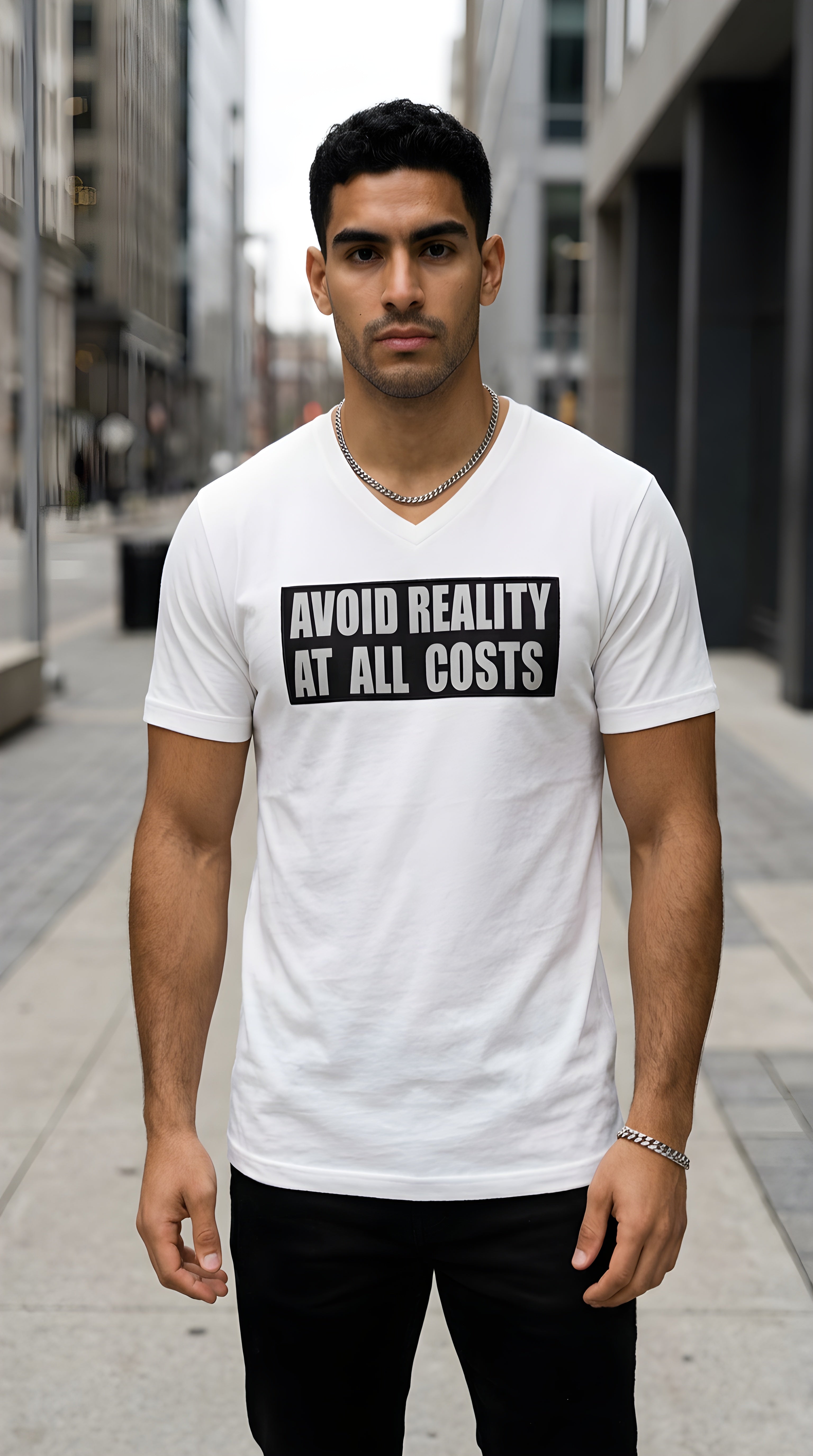 Men's ' AVOID REALITY ' Solid V-Neck Tee