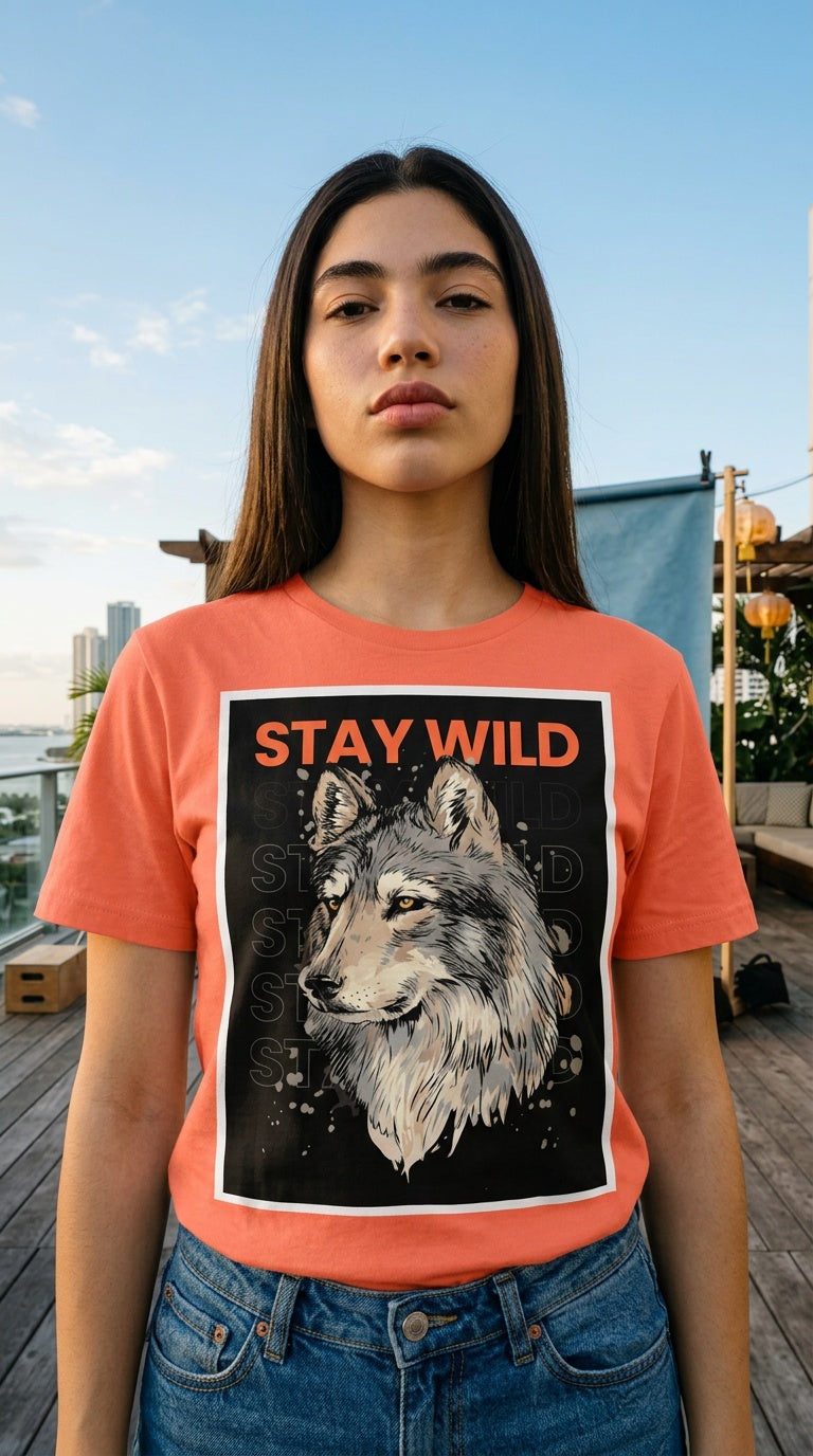 Womens 'STAY WILD; organic ribbed neck Tee