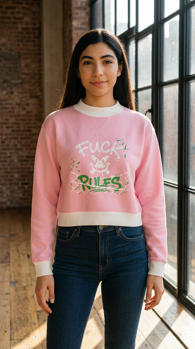 WOMENS ' FUCK RULES ; Mock Neck Crewneck Sweatshirt
