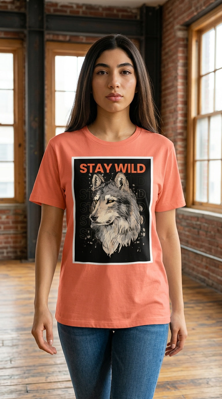 Womens 'STAY WILD; organic ribbed neck Tee