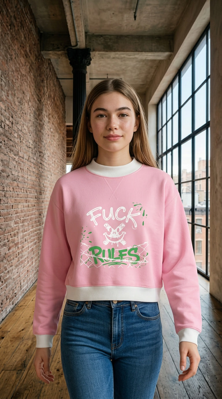 WOMENS ' FUCK RULES ; Mock Neck Crewneck Sweatshirt