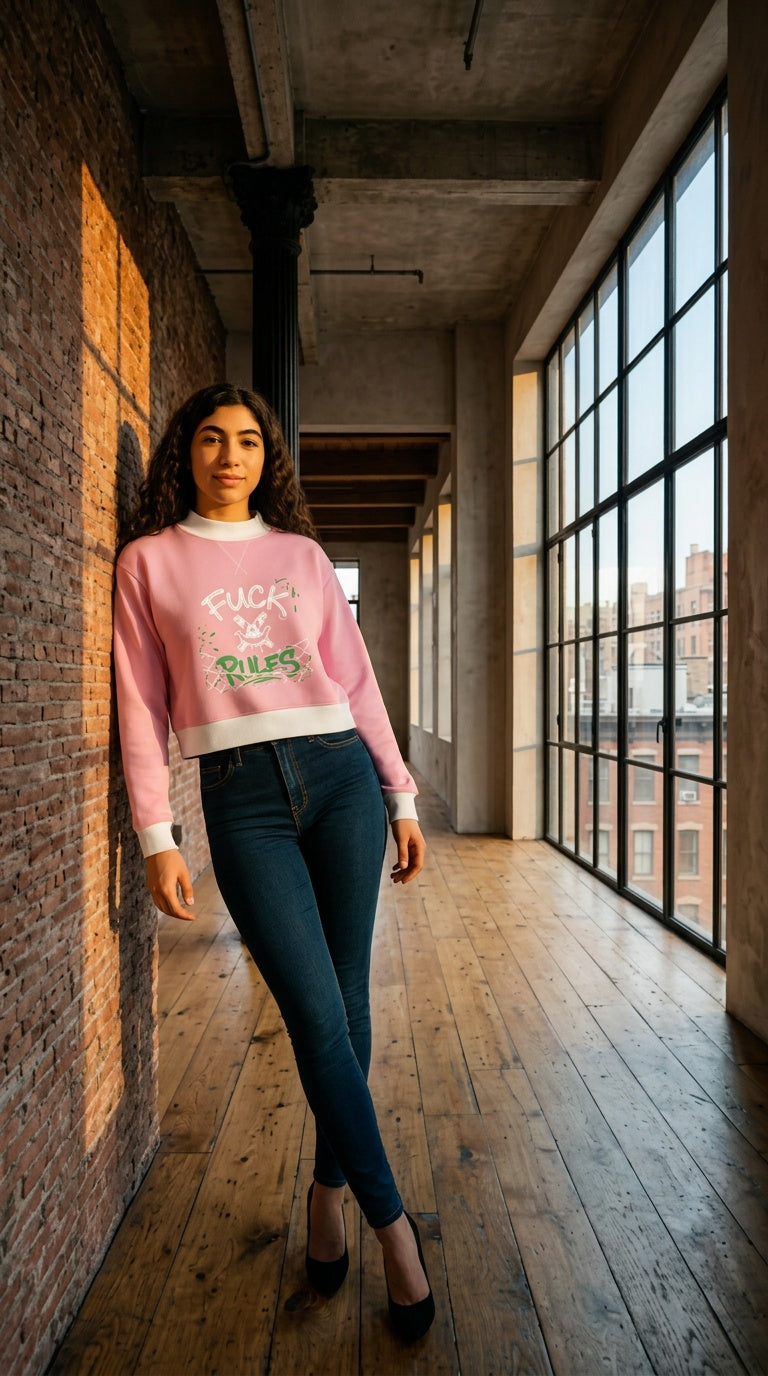 WOMENS ' FUCK RULES ; Mock Neck Crewneck Sweatshirt