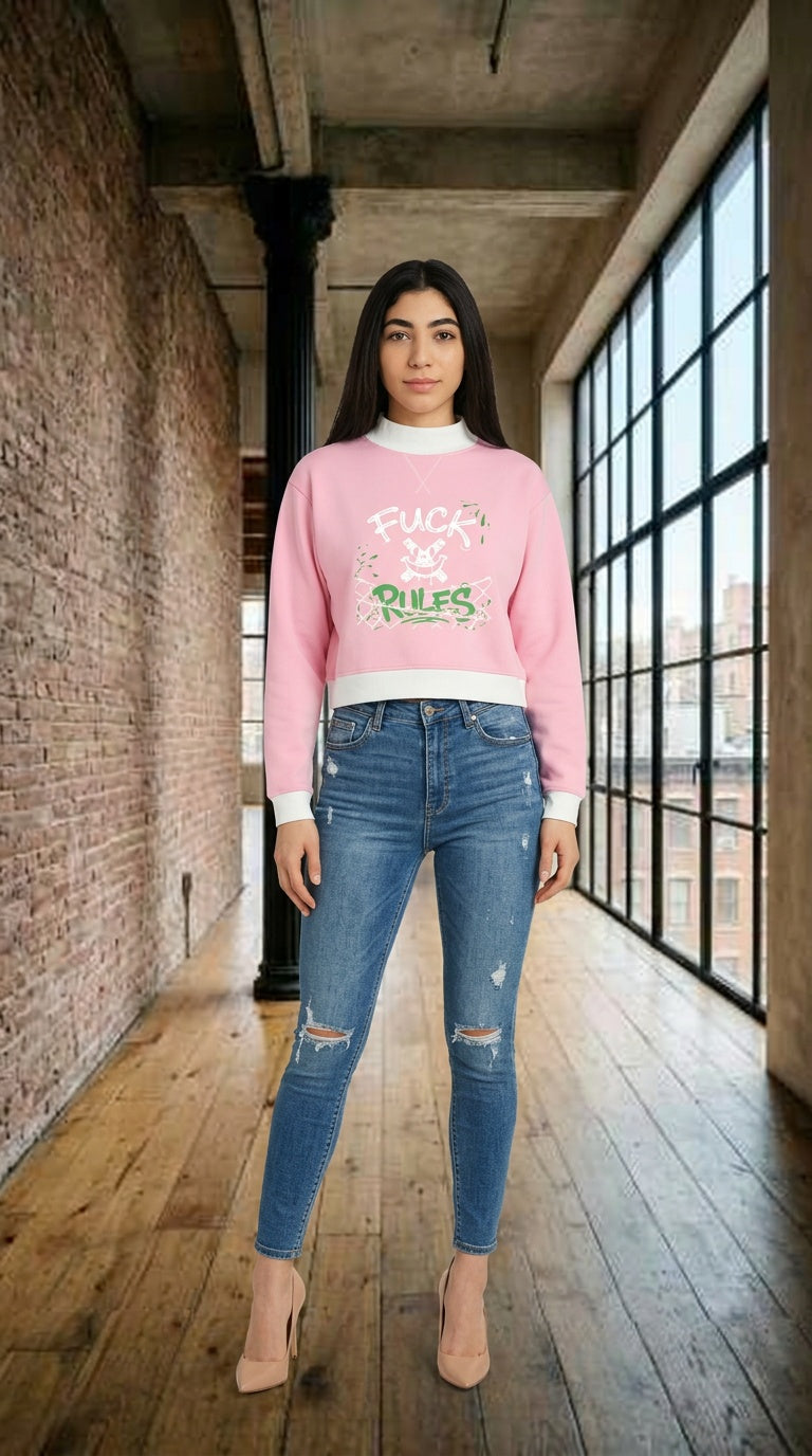 WOMENS ' FUCK RULES ; Mock Neck Crewneck Sweatshirt