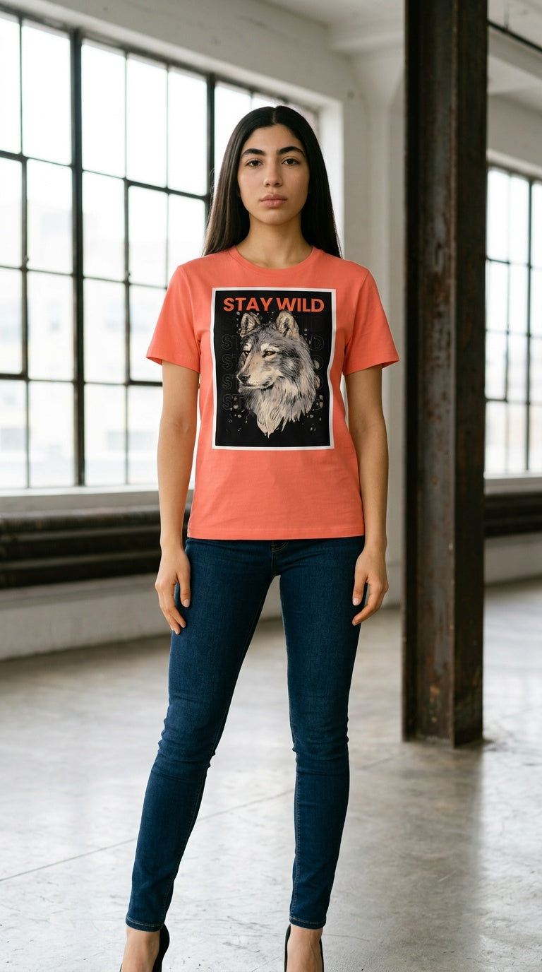 Womens 'STAY WILD; organic ribbed neck Tee