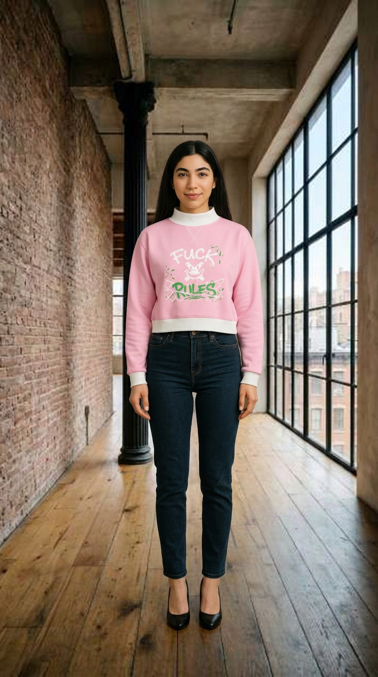 WOMENS ' FUCK RULES ; Mock Neck Crewneck Sweatshirt