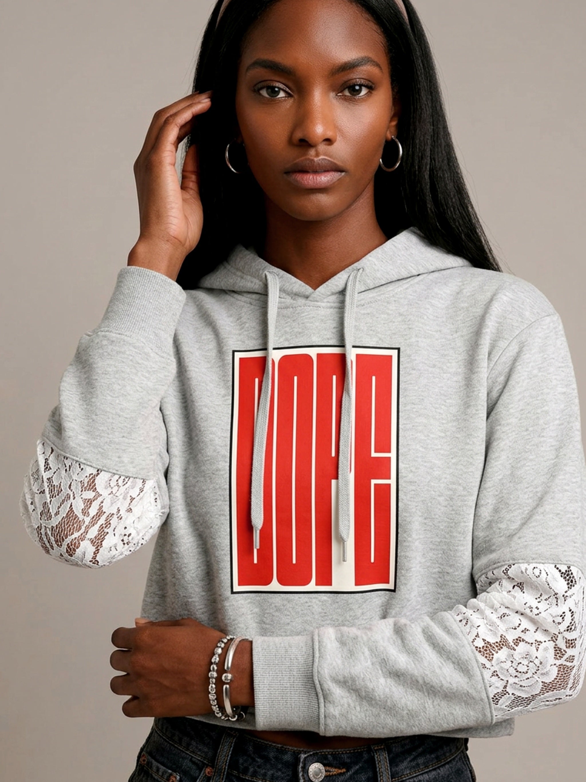 WOMENS 'DOPE'  Cropped Lace-Panel Hoodie