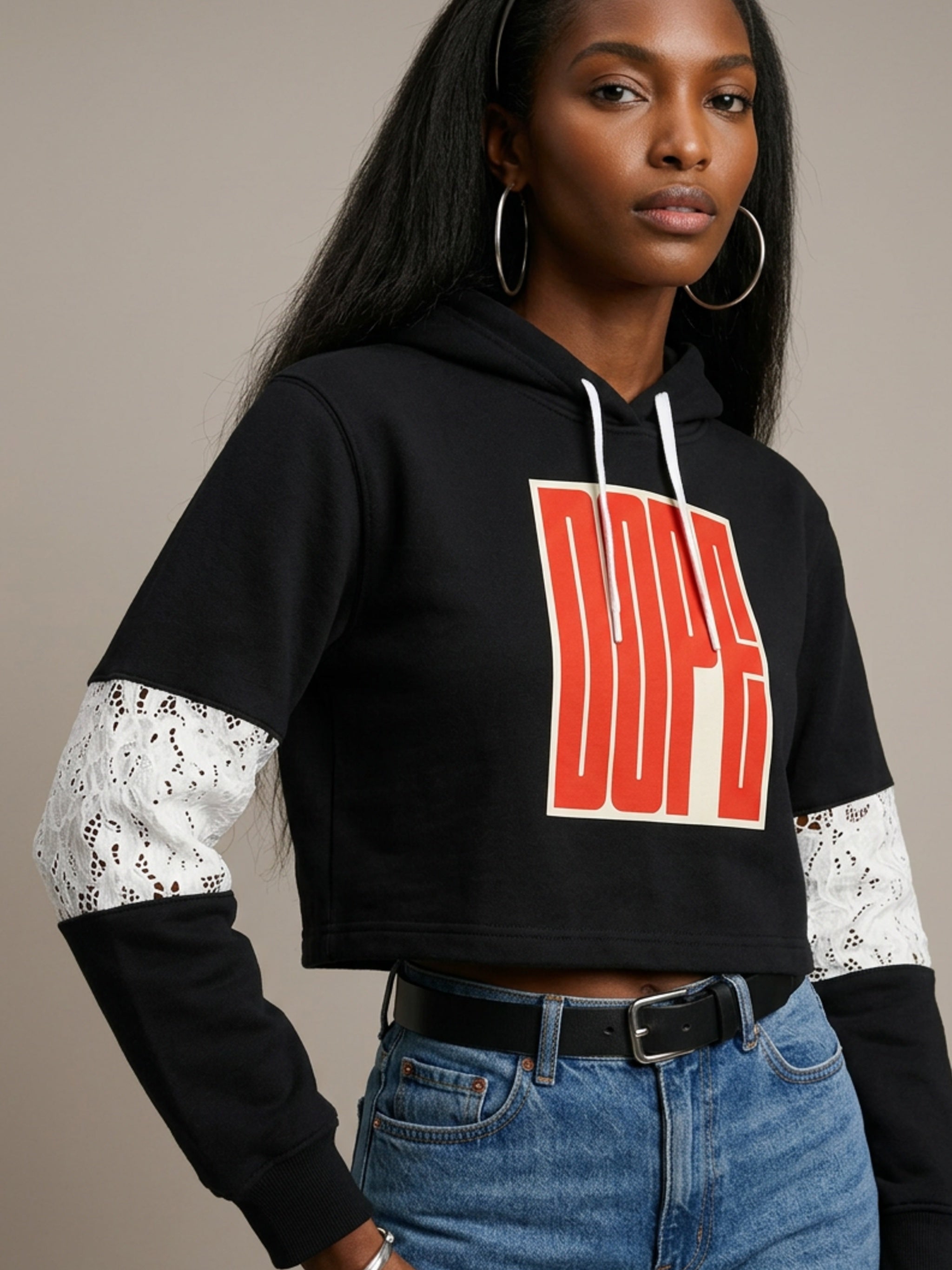 WOMENS 'DOPE'  Cropped Lace-Panel Hoodie