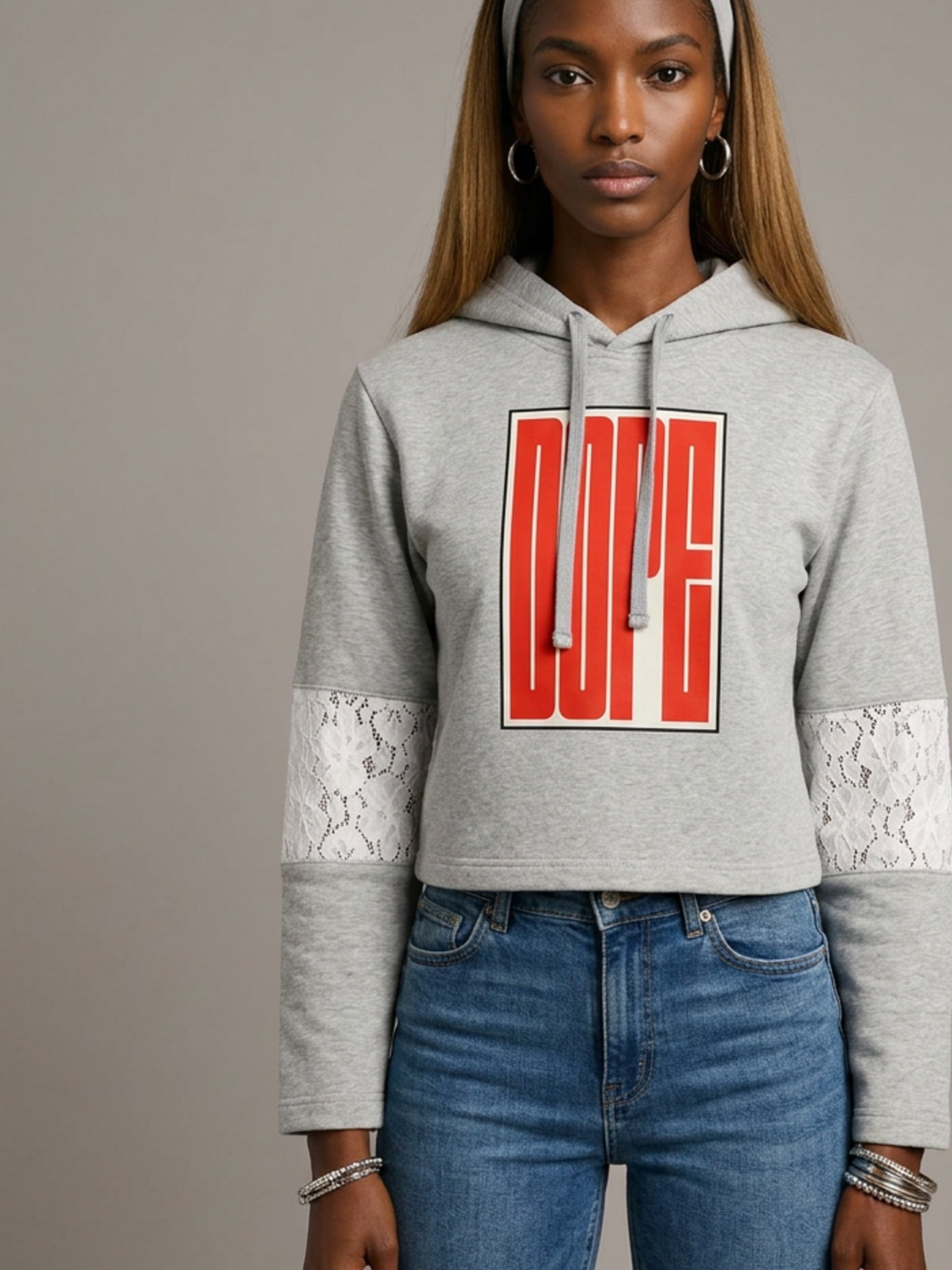 WOMENS 'DOPE'  Cropped Lace-Panel Hoodie