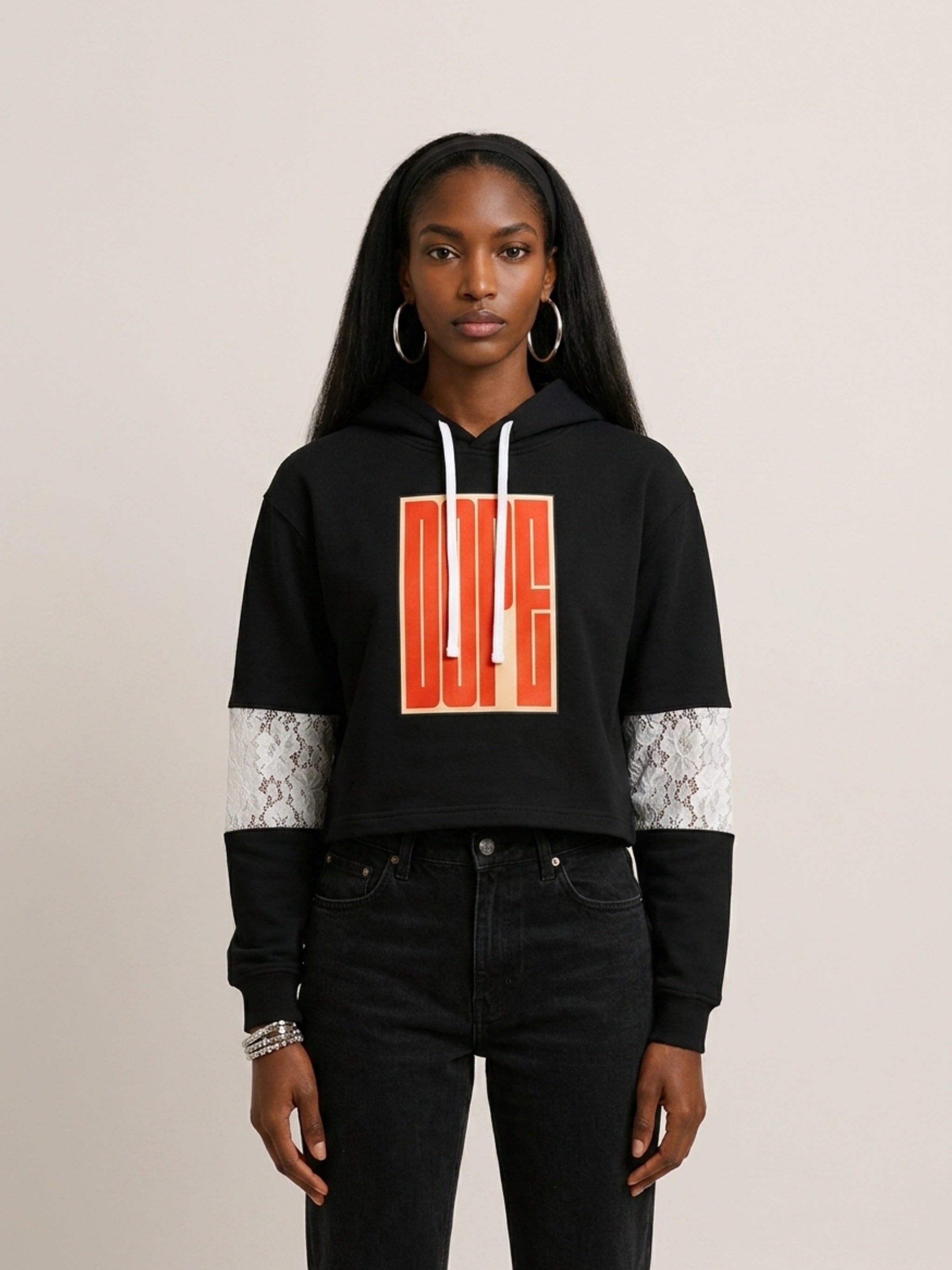 WOMENS 'DOPE'  Cropped Lace-Panel Hoodie
