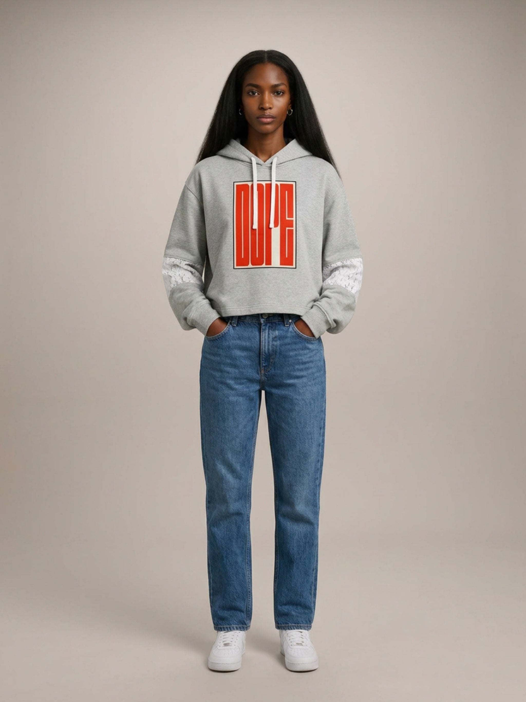 WOMENS 'DOPE'  Cropped Lace-Panel Hoodie