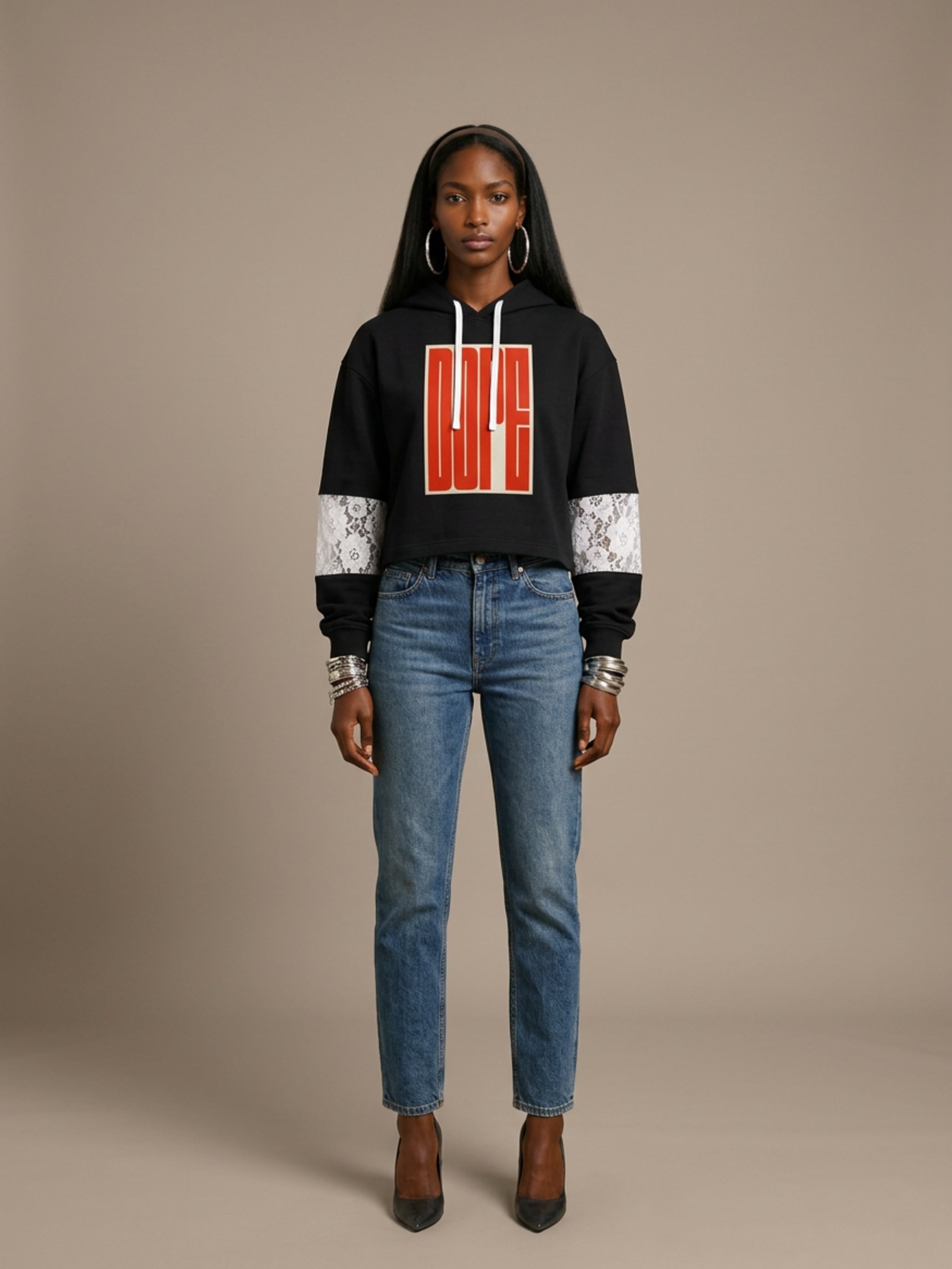 WOMENS 'DOPE'  Cropped Lace-Panel Hoodie